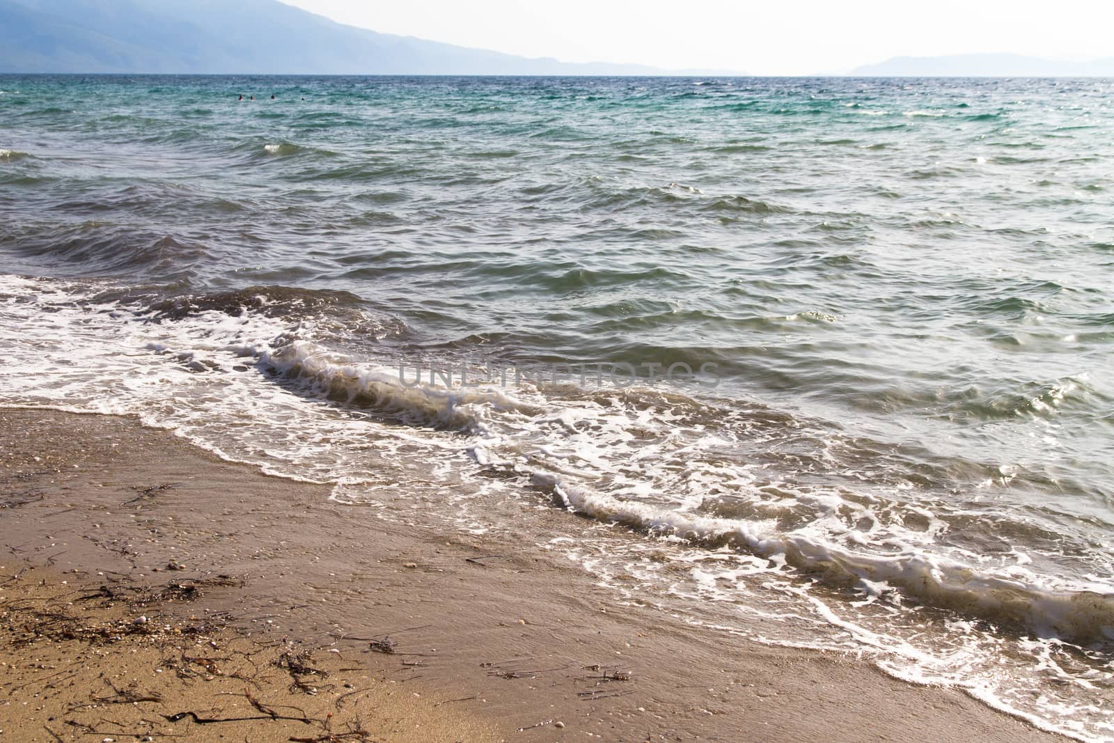 Dirty beach and sea with horizon.