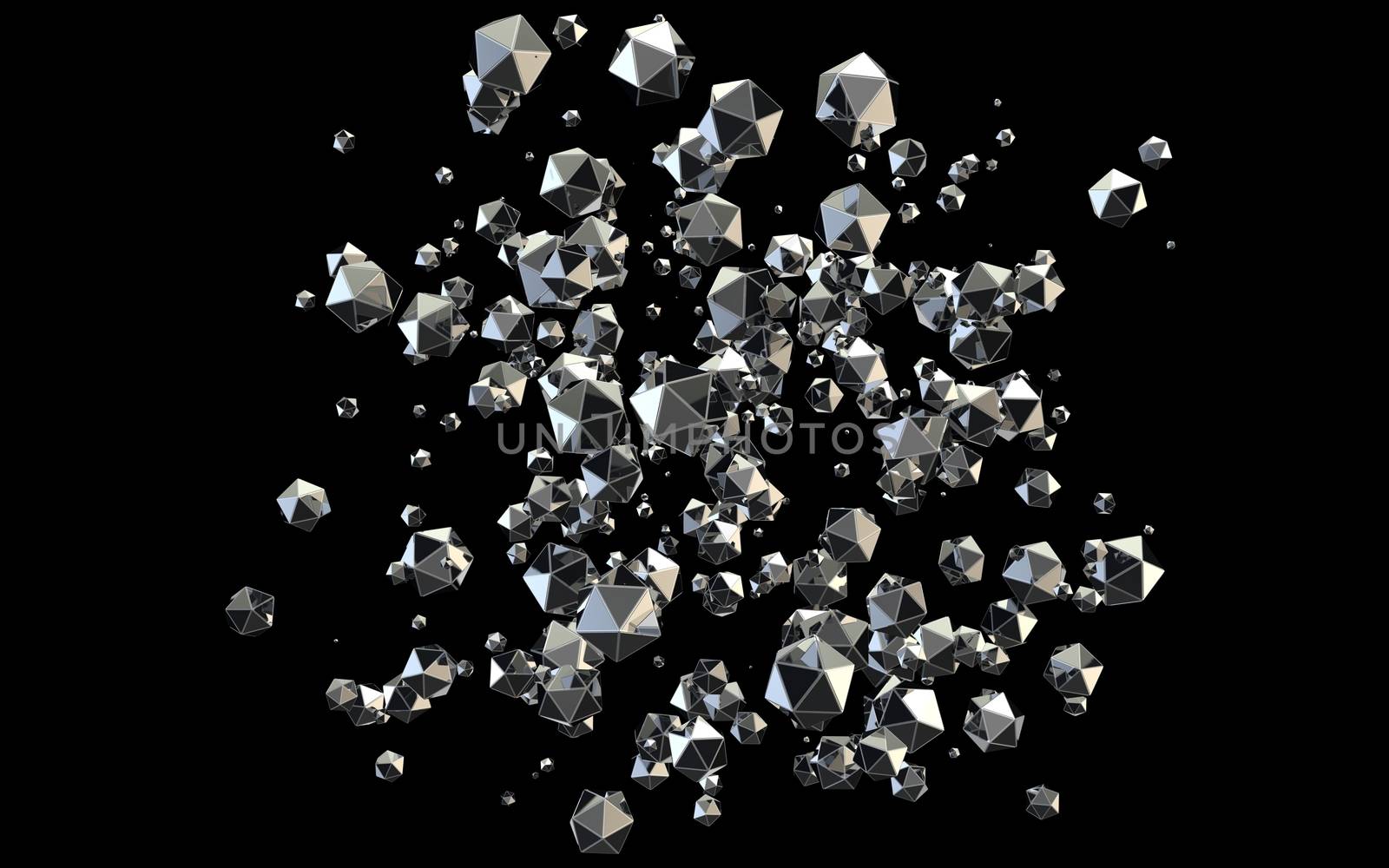 Blasting 3D platonic shaped diamonds on black background