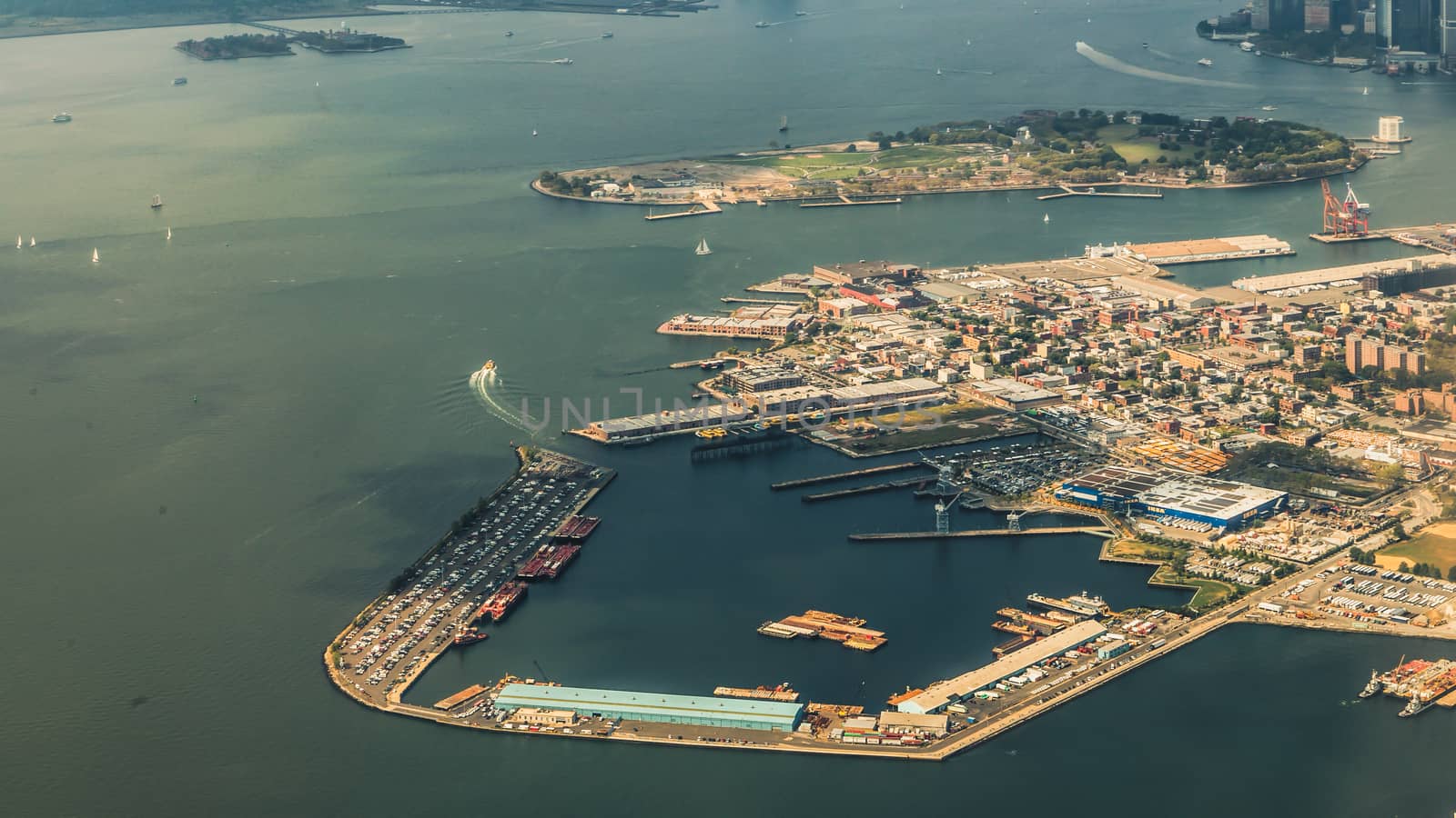 Aerial view of the shores of Brooklyn Borough in New York