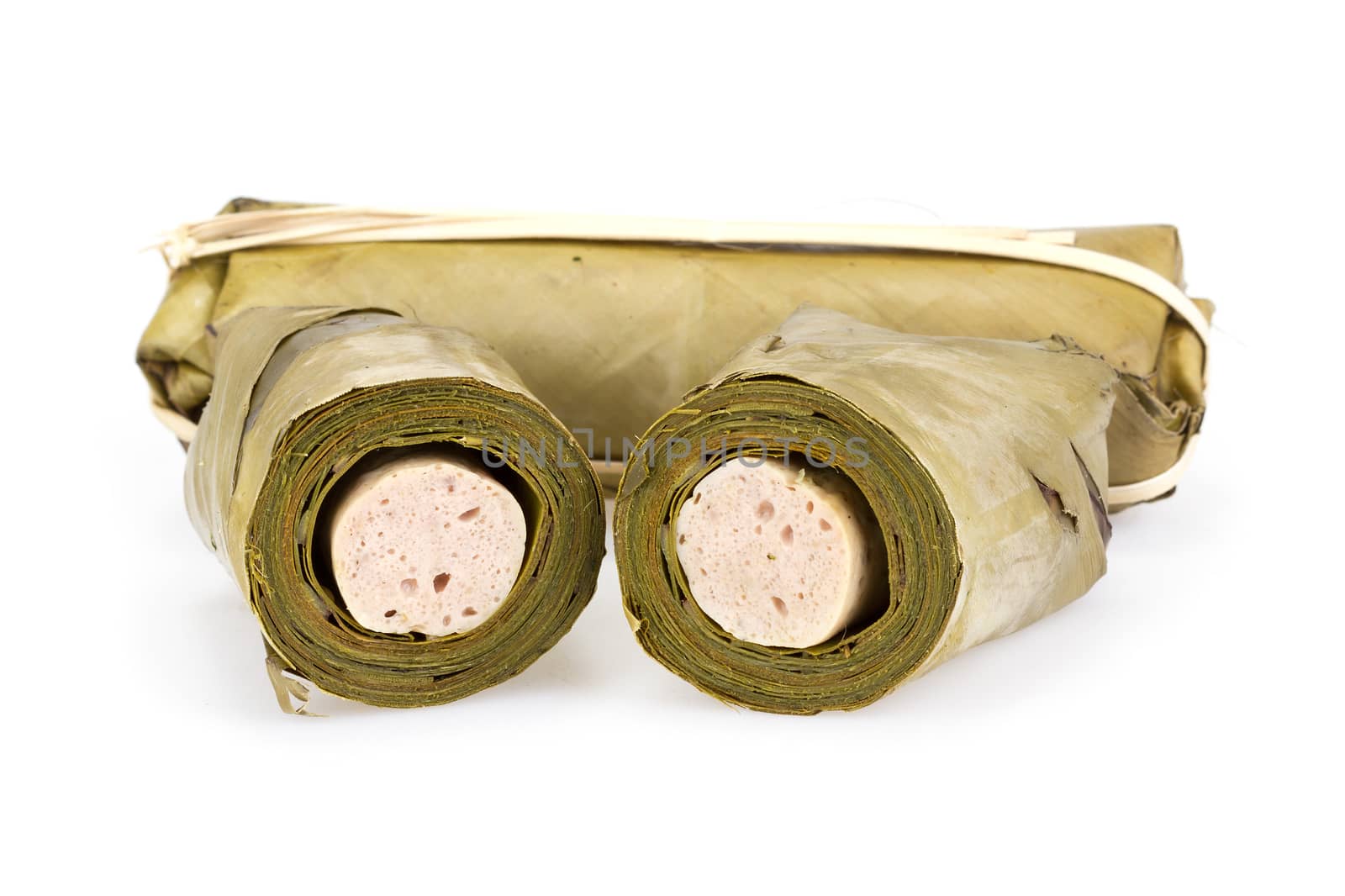 white pork sausage - traditional Thai food preservation on white background