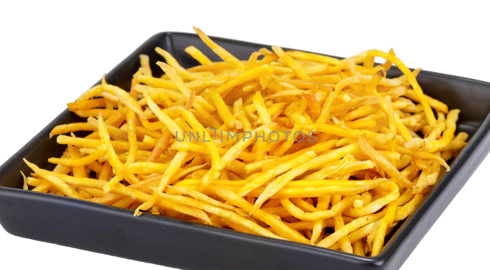 Crispy fried Sweet Potato Stick on disk on white background