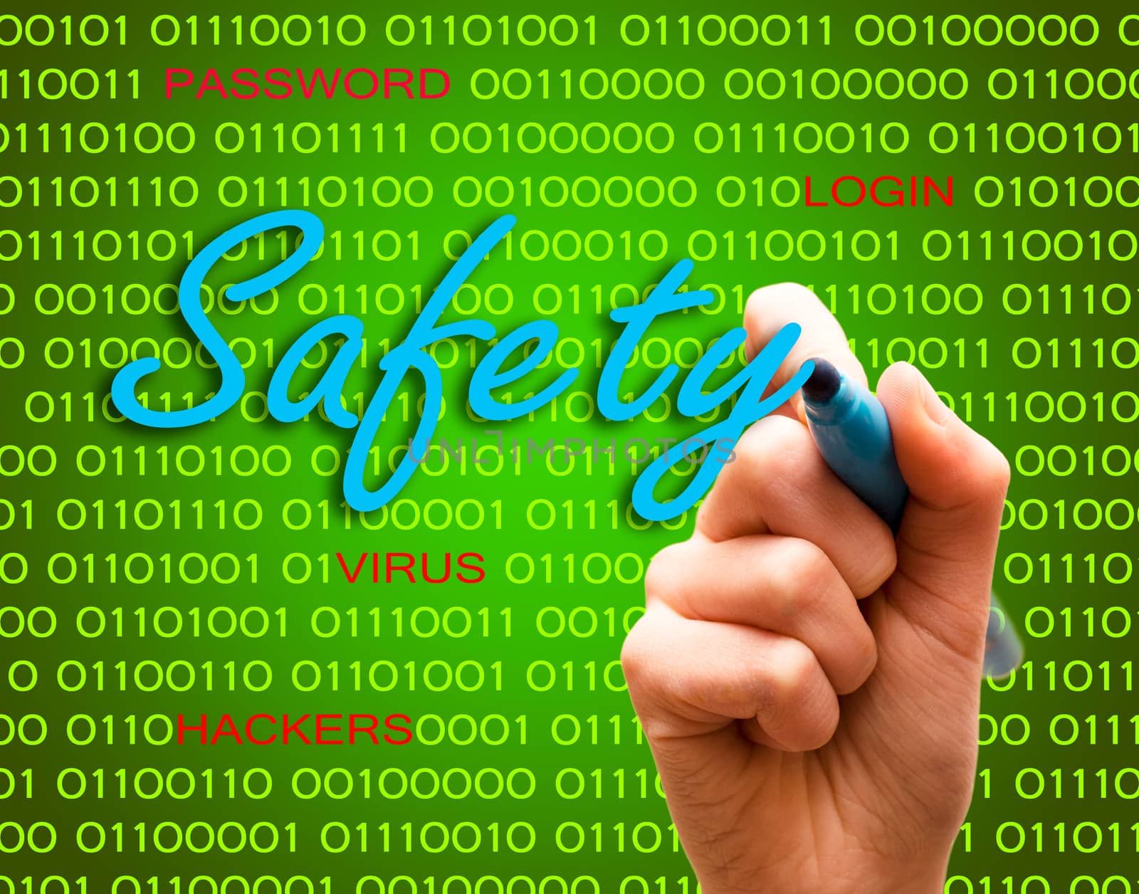 Safety password login virus hackers hand binary text