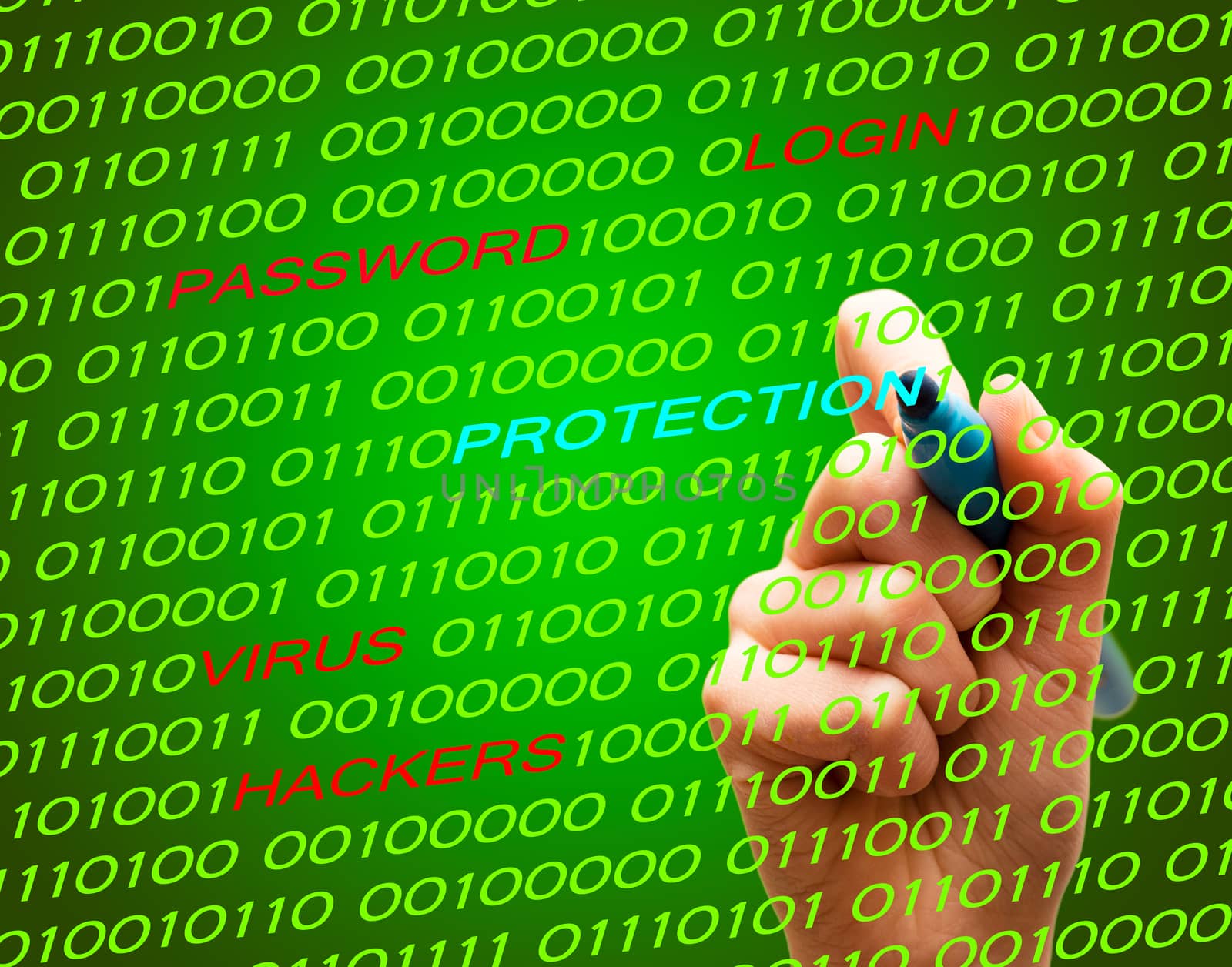 Alert password login virus hackers hand binary text