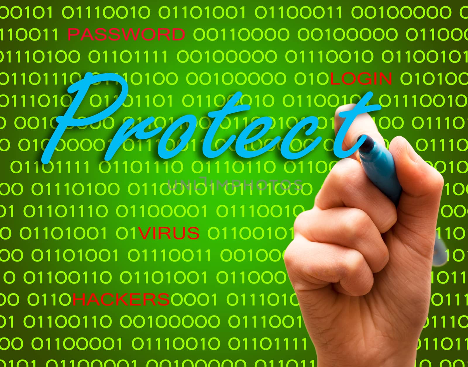 Protect password login virus hackers hand binary text by Havana