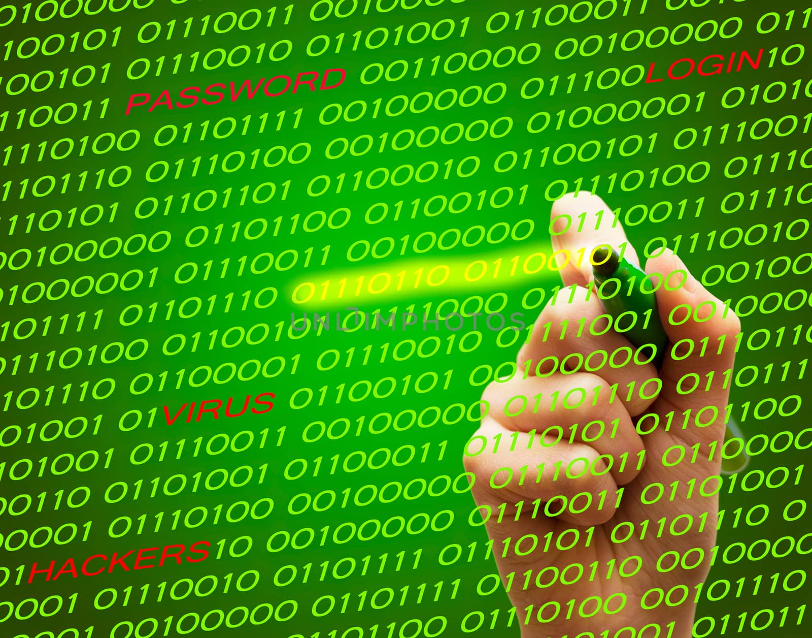 Protect password login virus hackers hand binary text by Havana