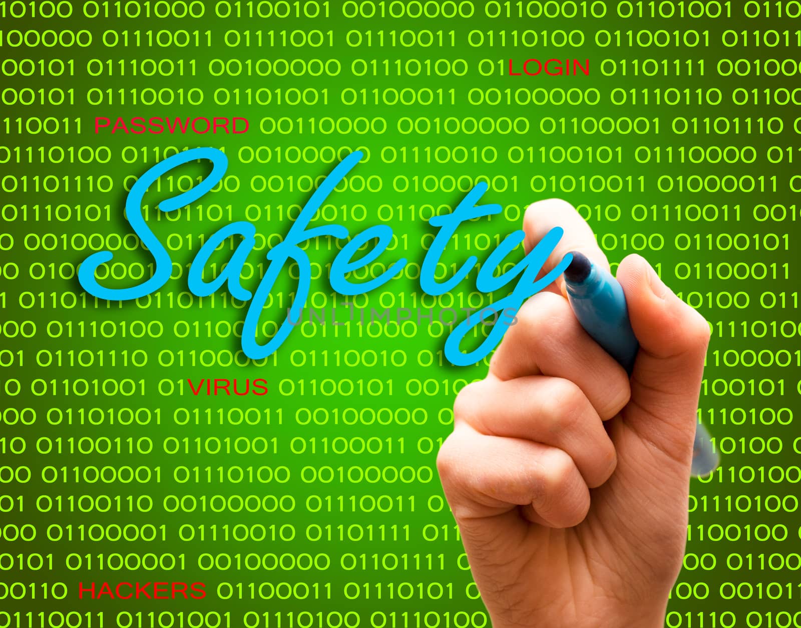 Safety password login virus hackers hand binary text