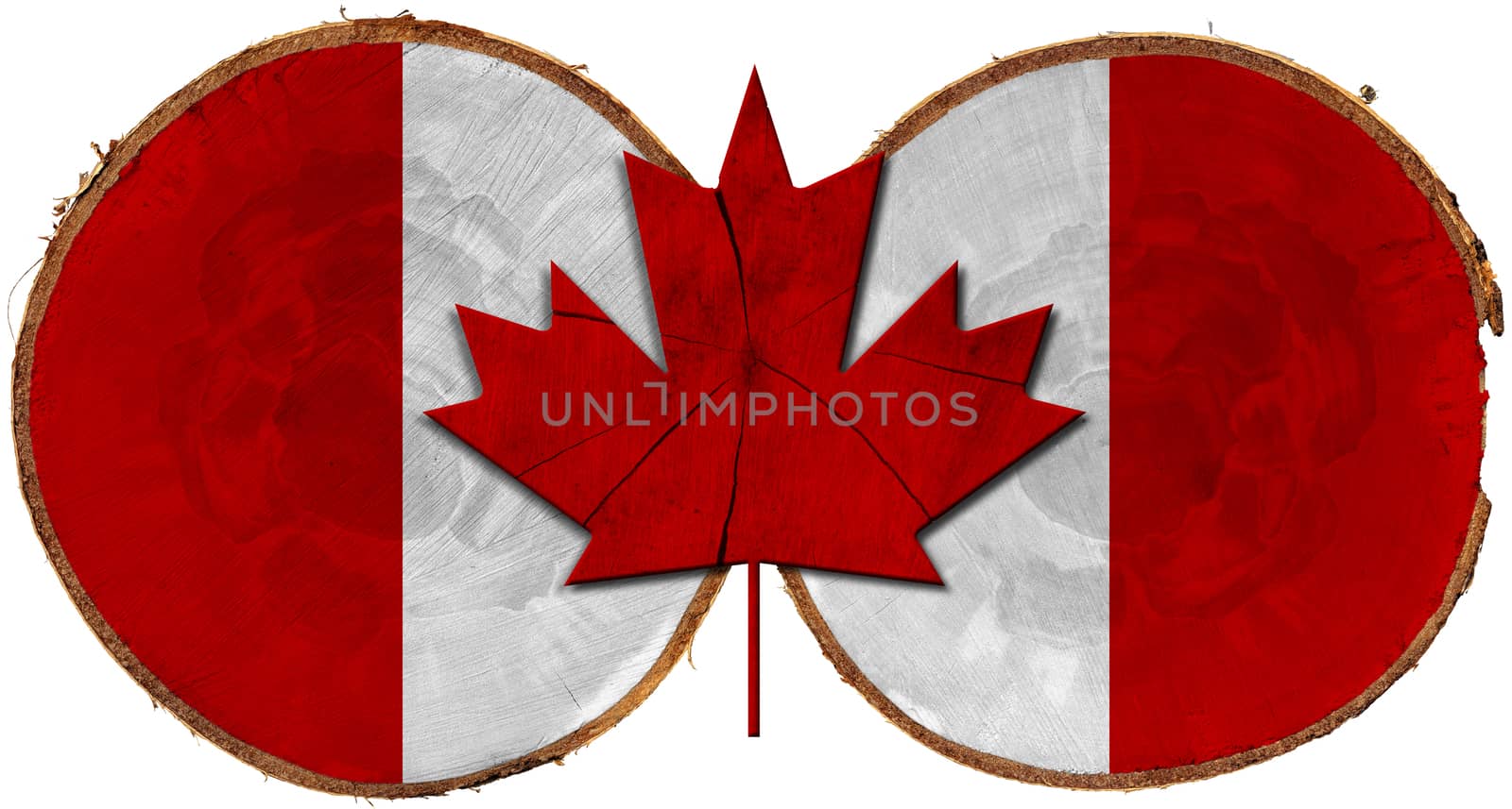 Flag of Canada on two section of tree trunks isolated on white background