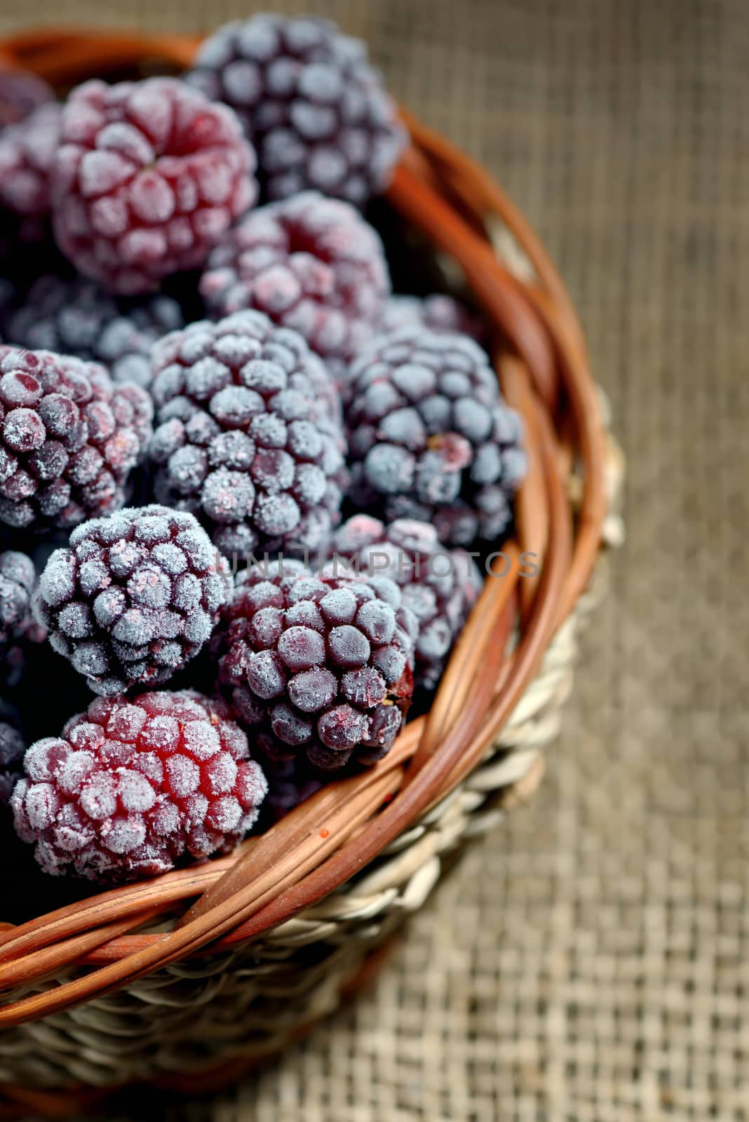 frozen blackberries in small basket