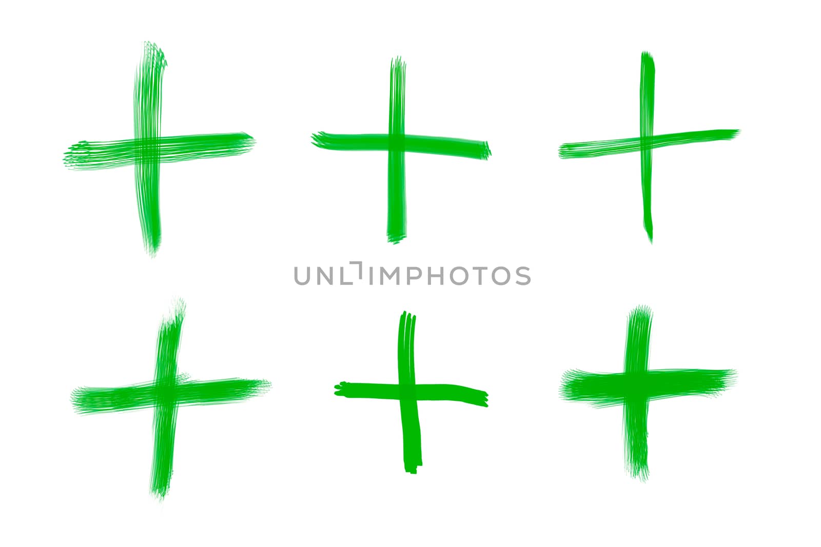 Variations of green plus symbols for mathematic operations, isolated on white background.
