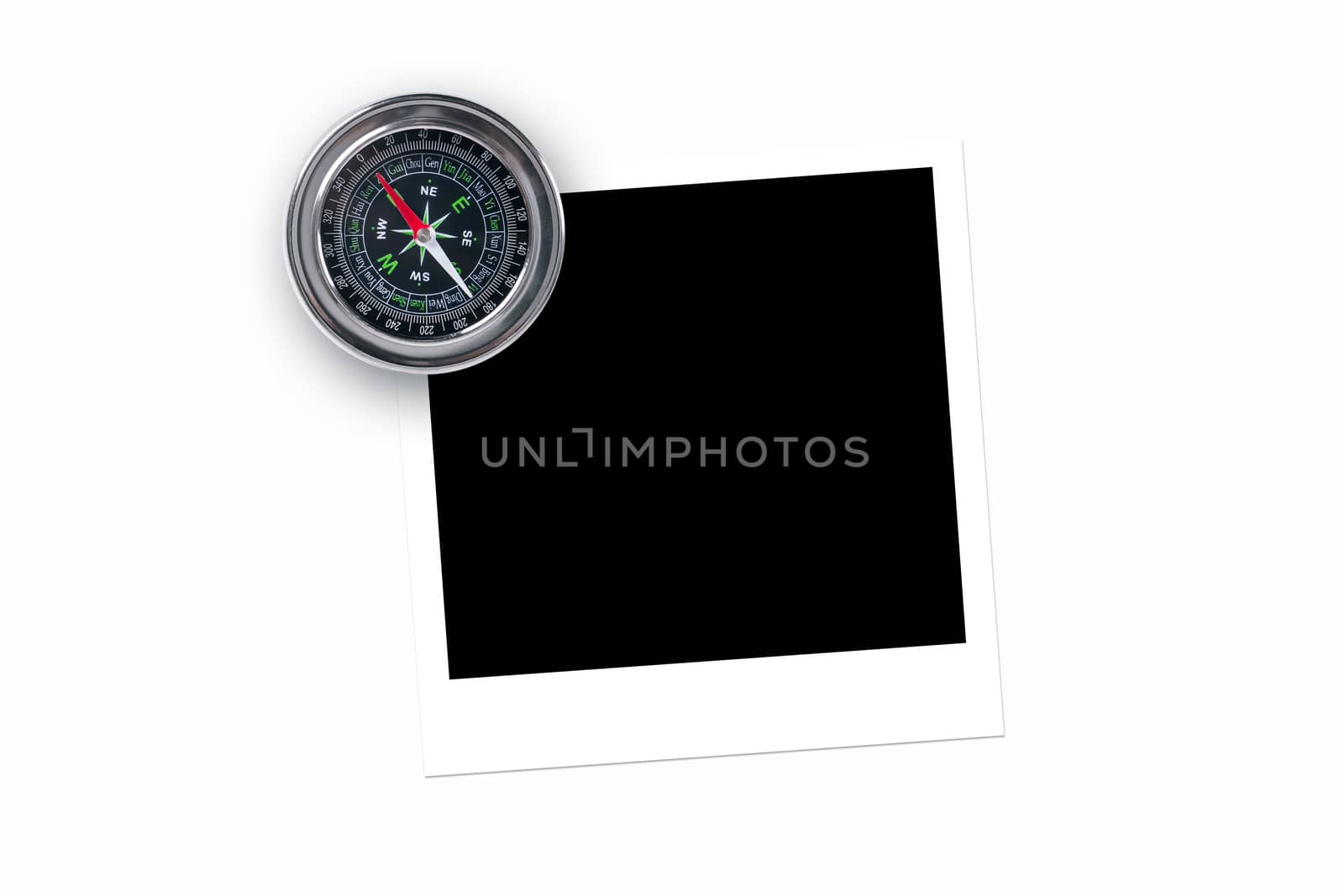 Blank, black picture frame with compass, isolated on white background.