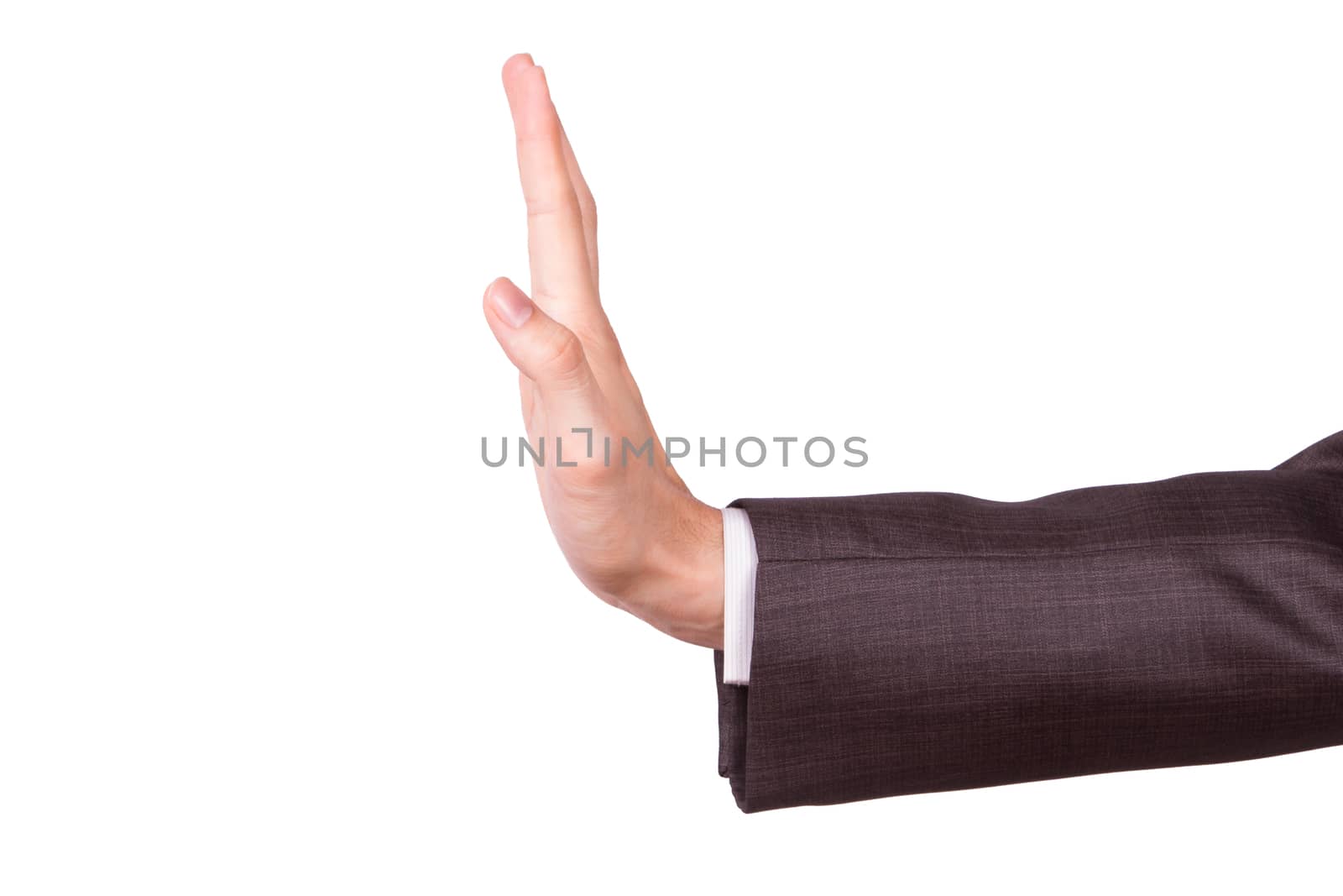 Businessman hand gesturing stop sign, isolated on white background.
