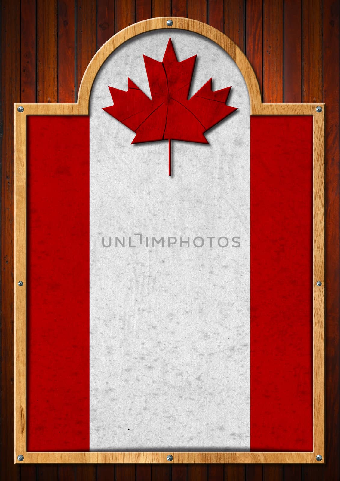 Signboard with wooden frame and flag of Canada on a wooden wall