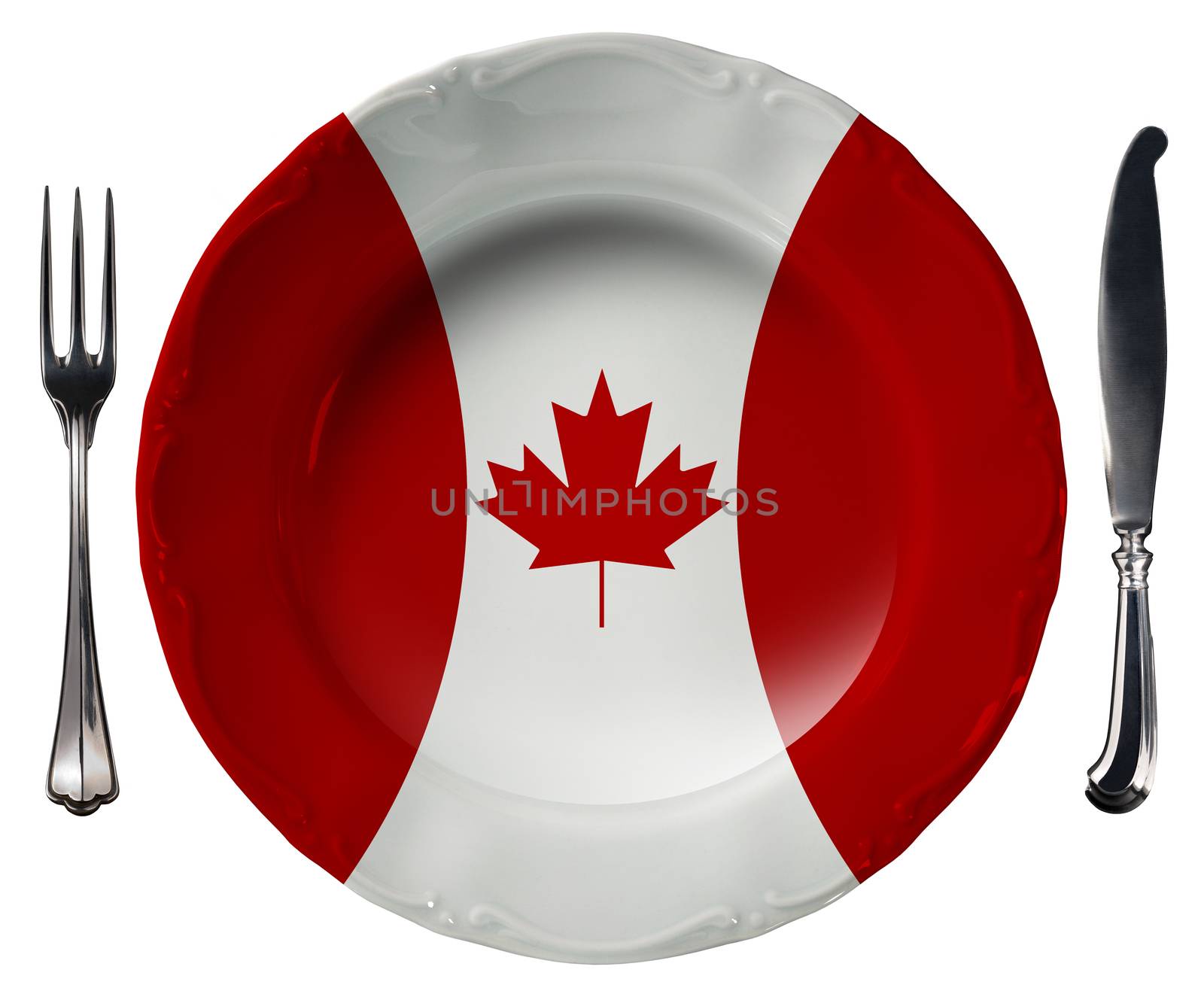 Concept of Canadian cuisine with empty plate colored with the colors of Canadian flag and silver cutlery isolated on white background
