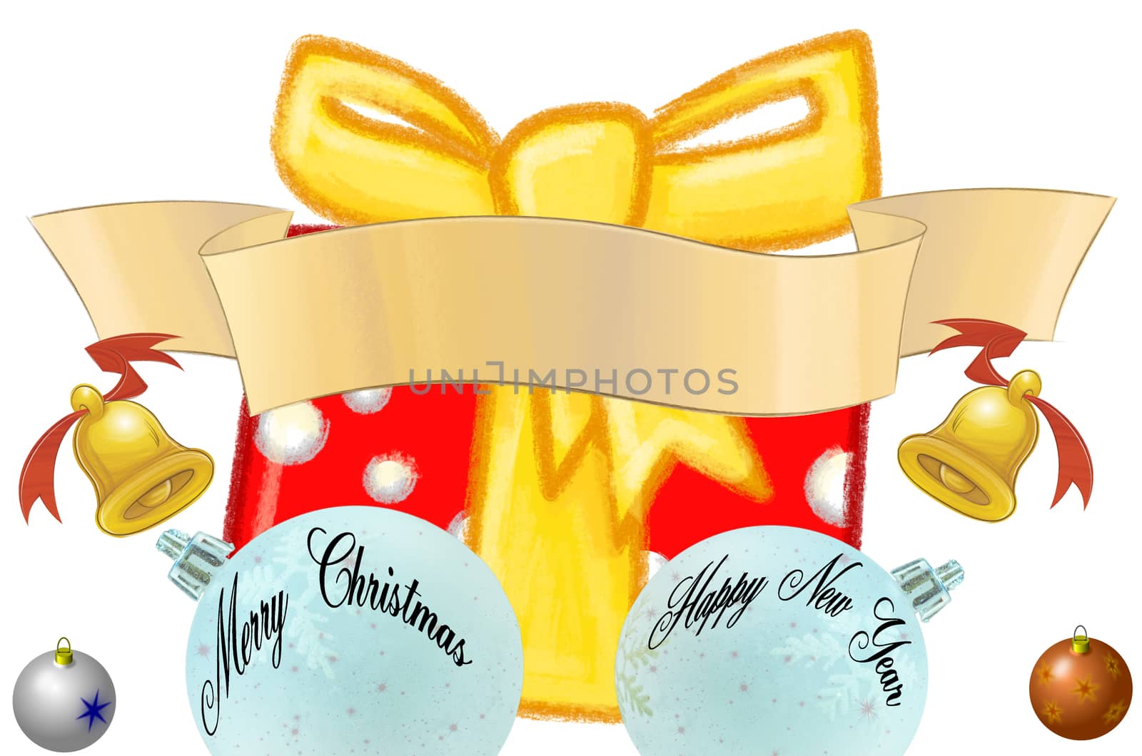 Christmas package, gift with Christmas balls and banner, background white-illustration