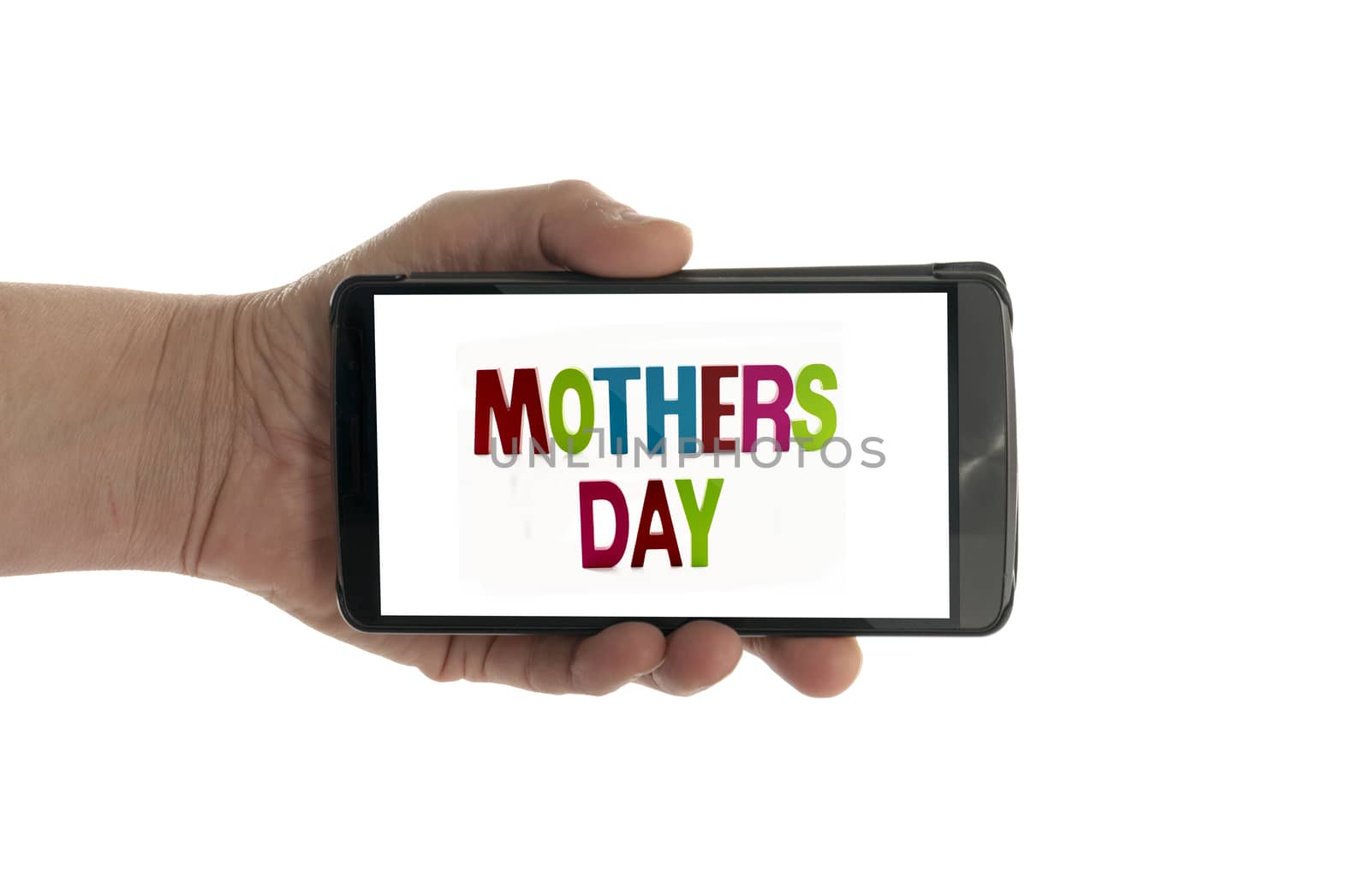 female hand with mobile phone isolated on white with mothers day