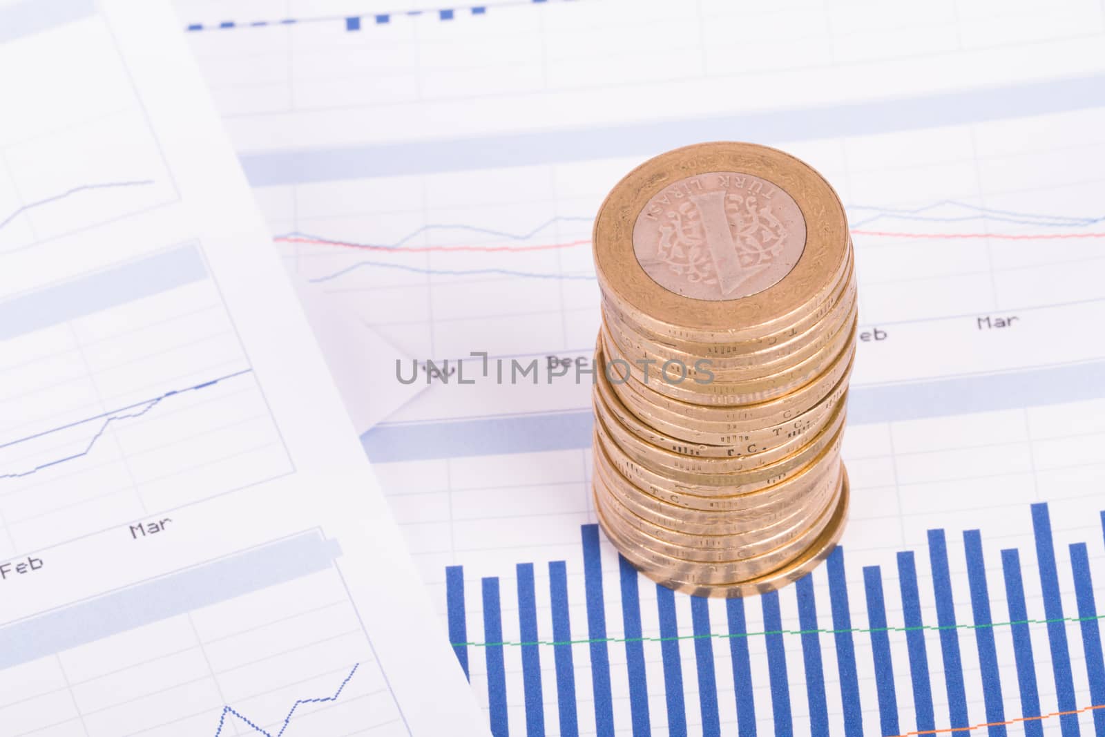 Coins on chart graphs and financial data analysis.