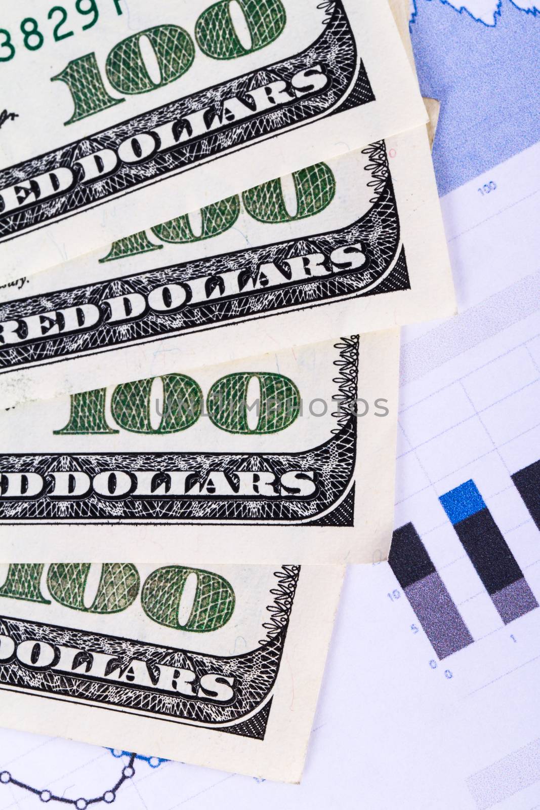 One hundred dollar banknotes on chart graphs.