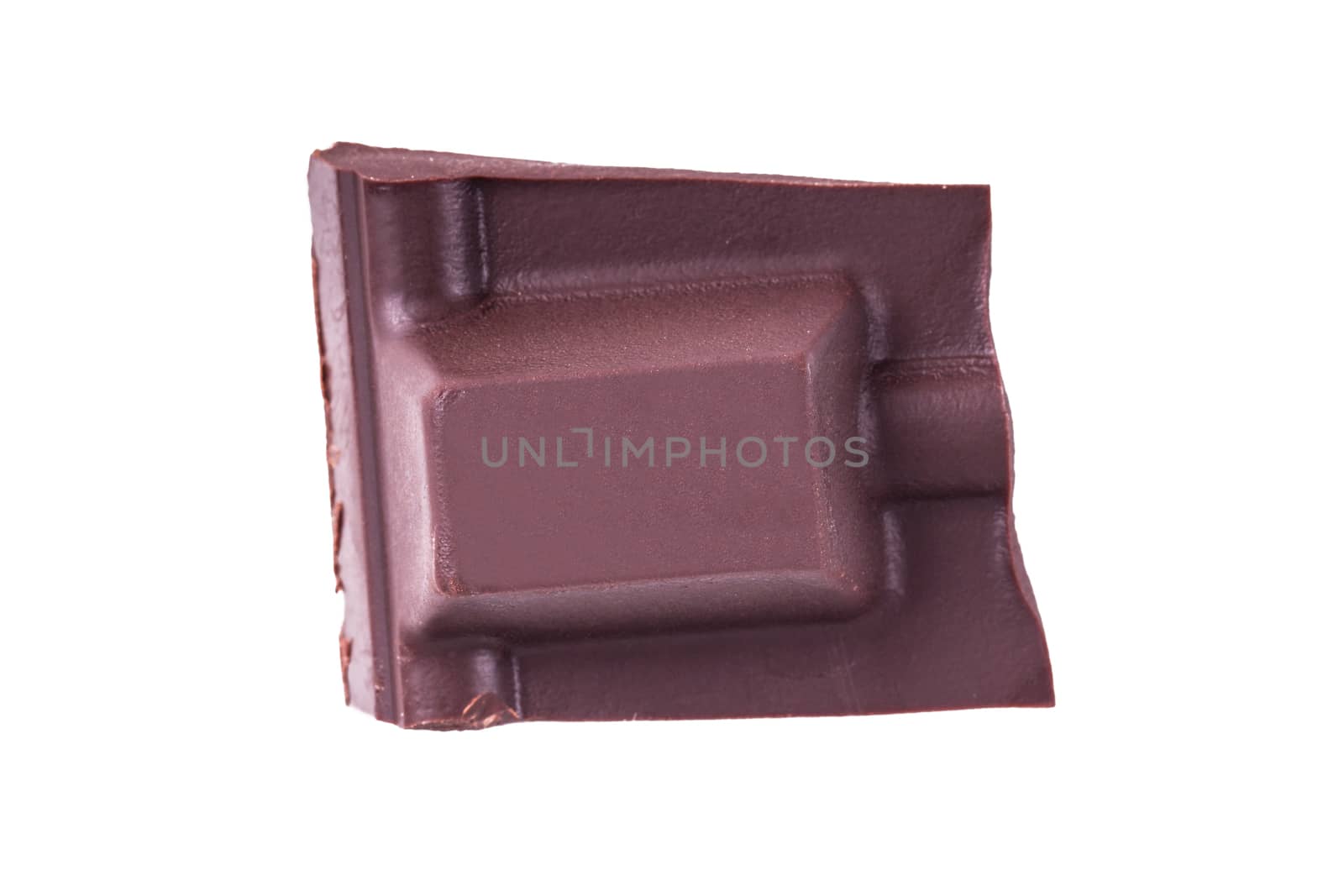 Top view of broken dark milk chocolate bar piece, isolated on white background.