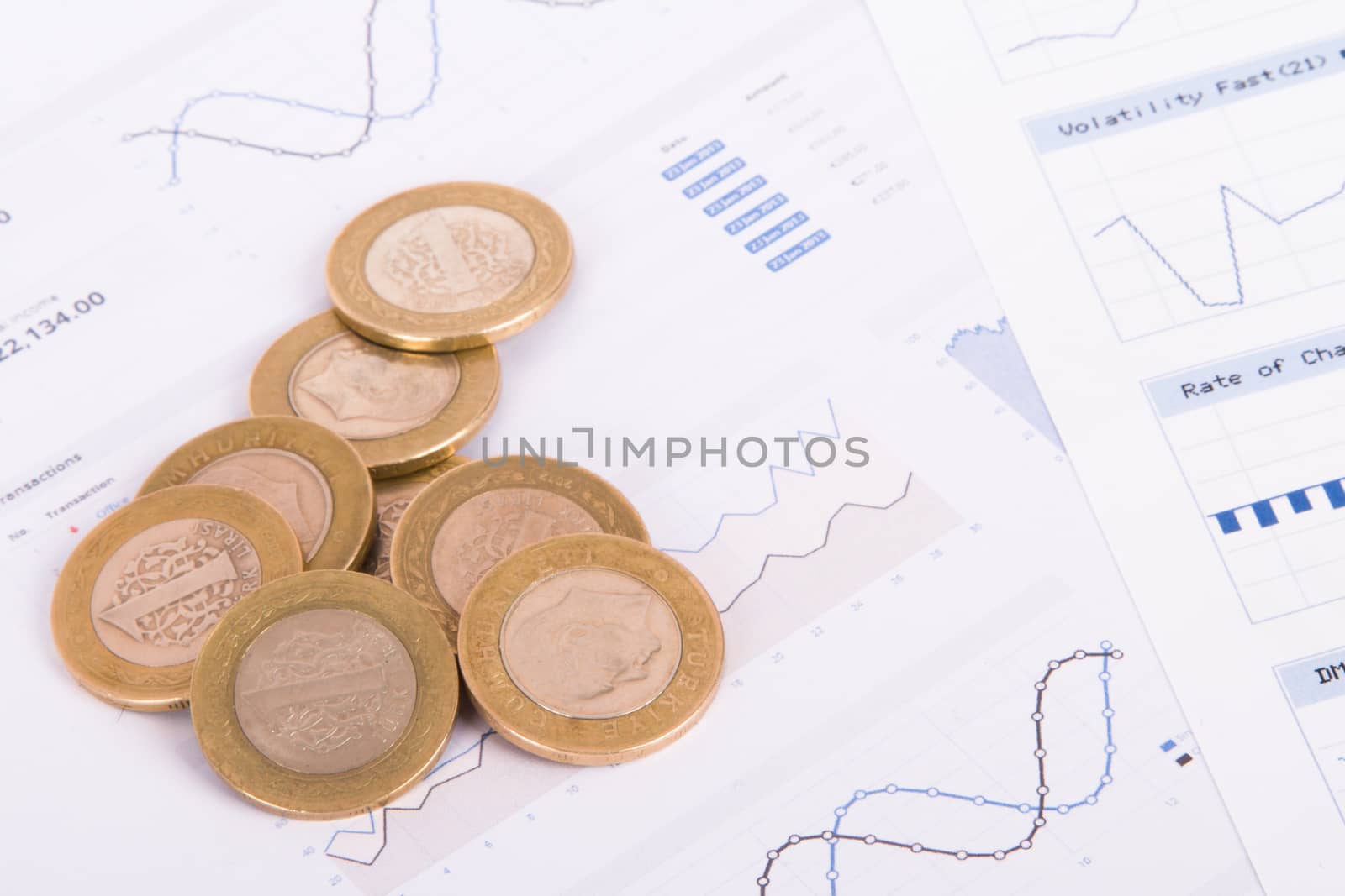 Coins on bar chart graphic results.