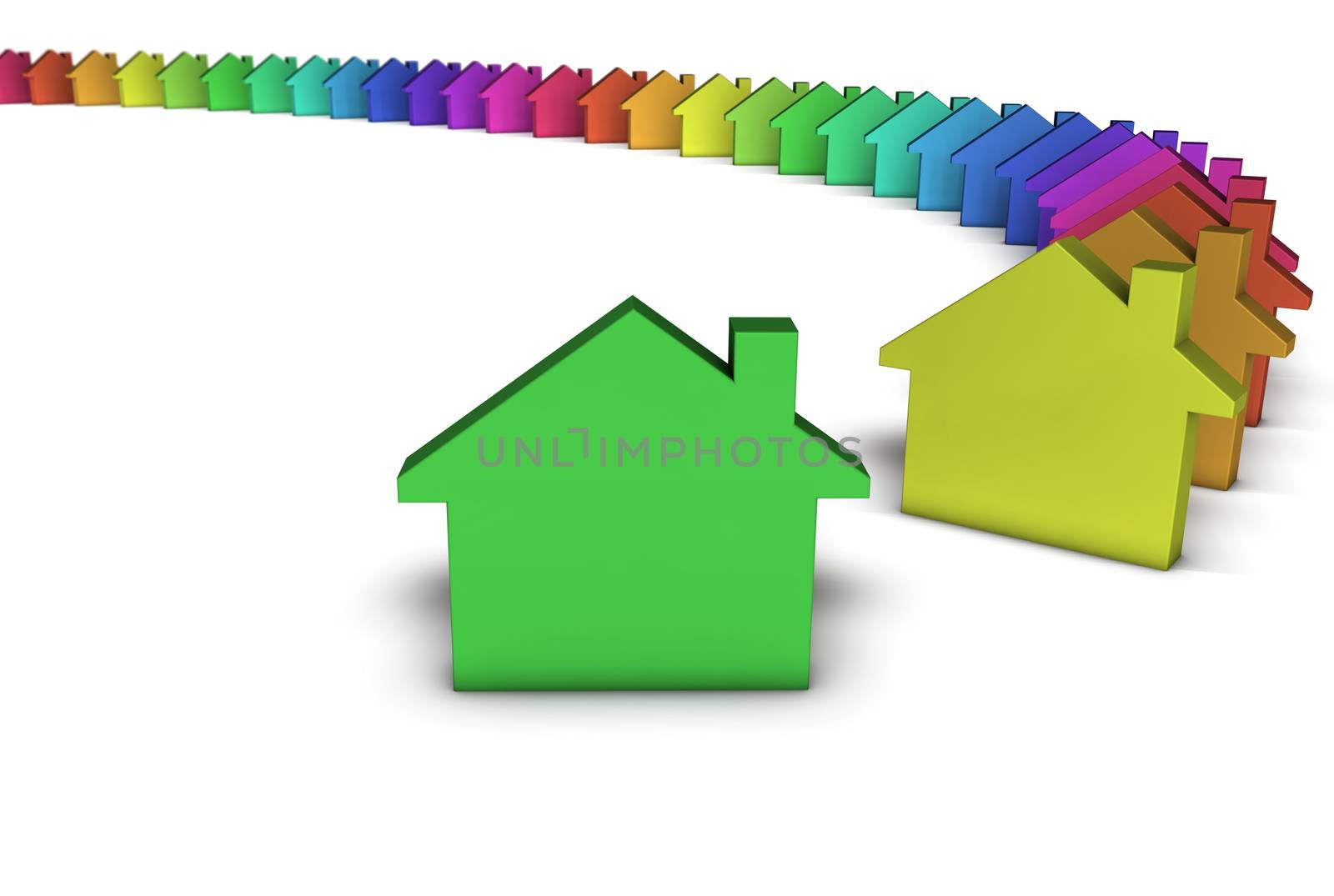 Creative house services and real estate concept with a row of colorful home icons on white background.