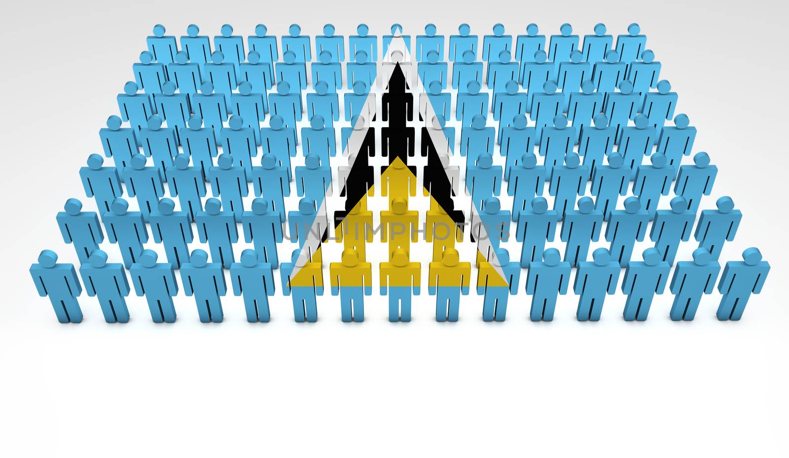 Parade of 3d people forming a top view of Saint Lucia flag. With copyspace.