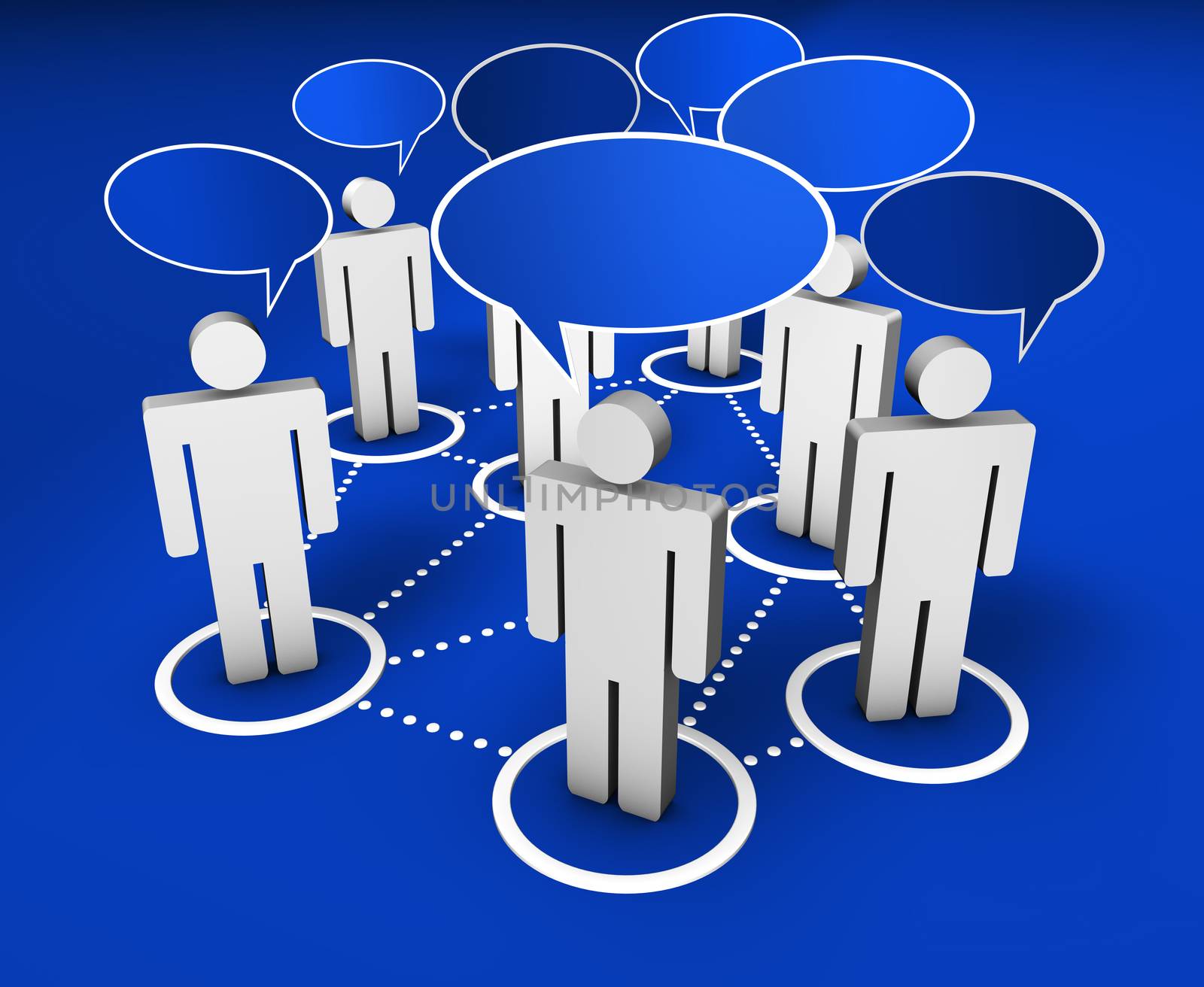 Internet community, social network, forum and online group concept with connection of 3d people by dotted lines with speech clouds on blue background.