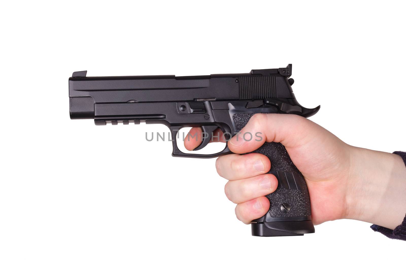 man, getting on the hip a pistol, on a white background
