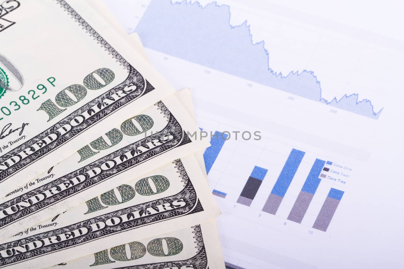 One hundred dollar banknotes on chart graphs.
