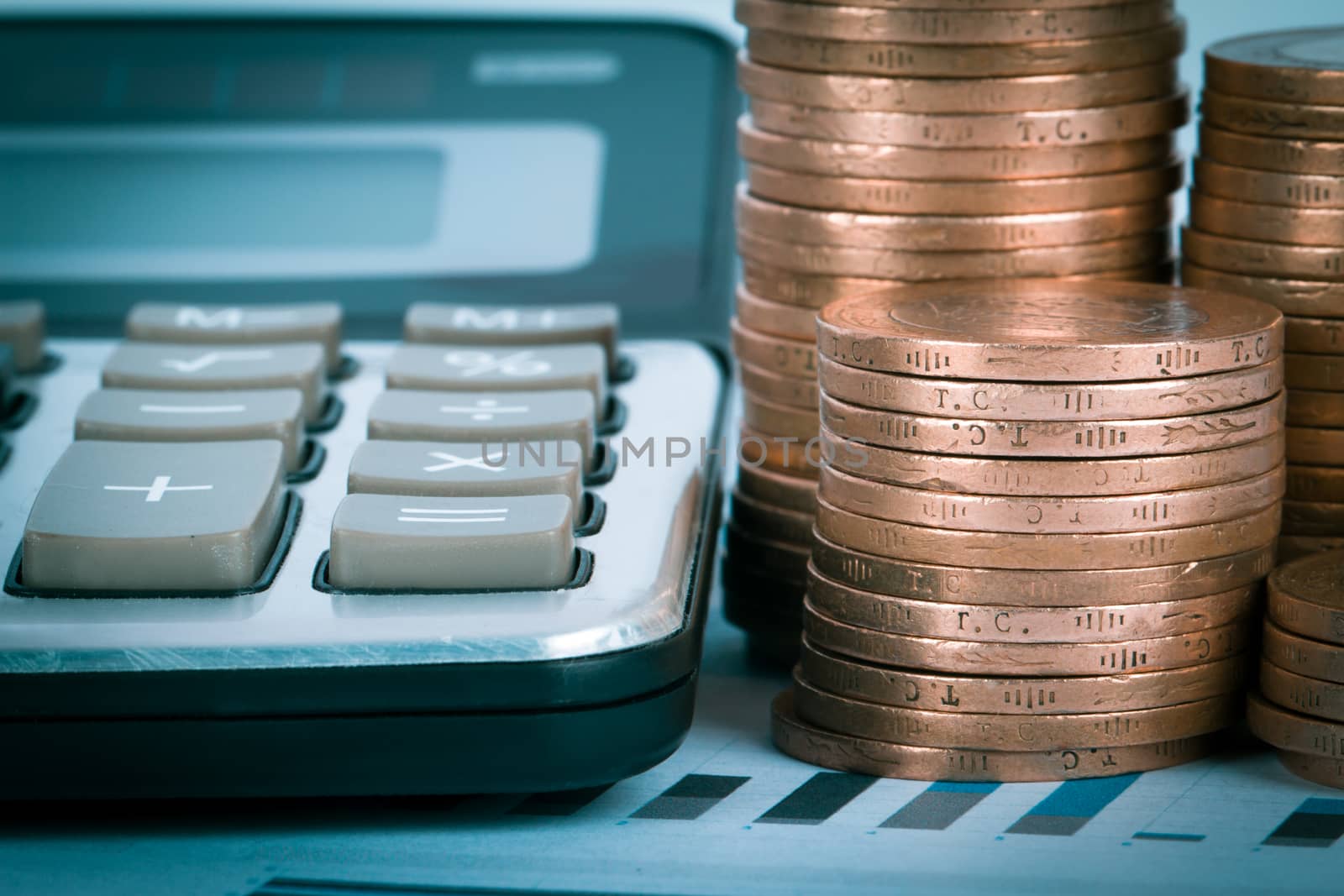 Financial concept, chart graphs, coins and calculator.
