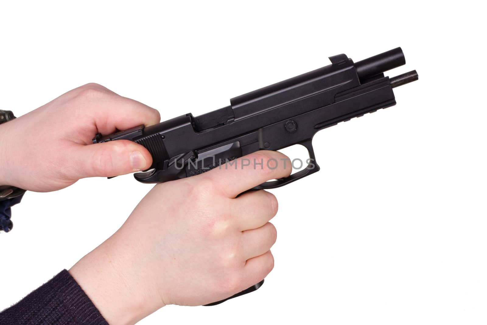 man, getting on the hip a pistol, on a white background