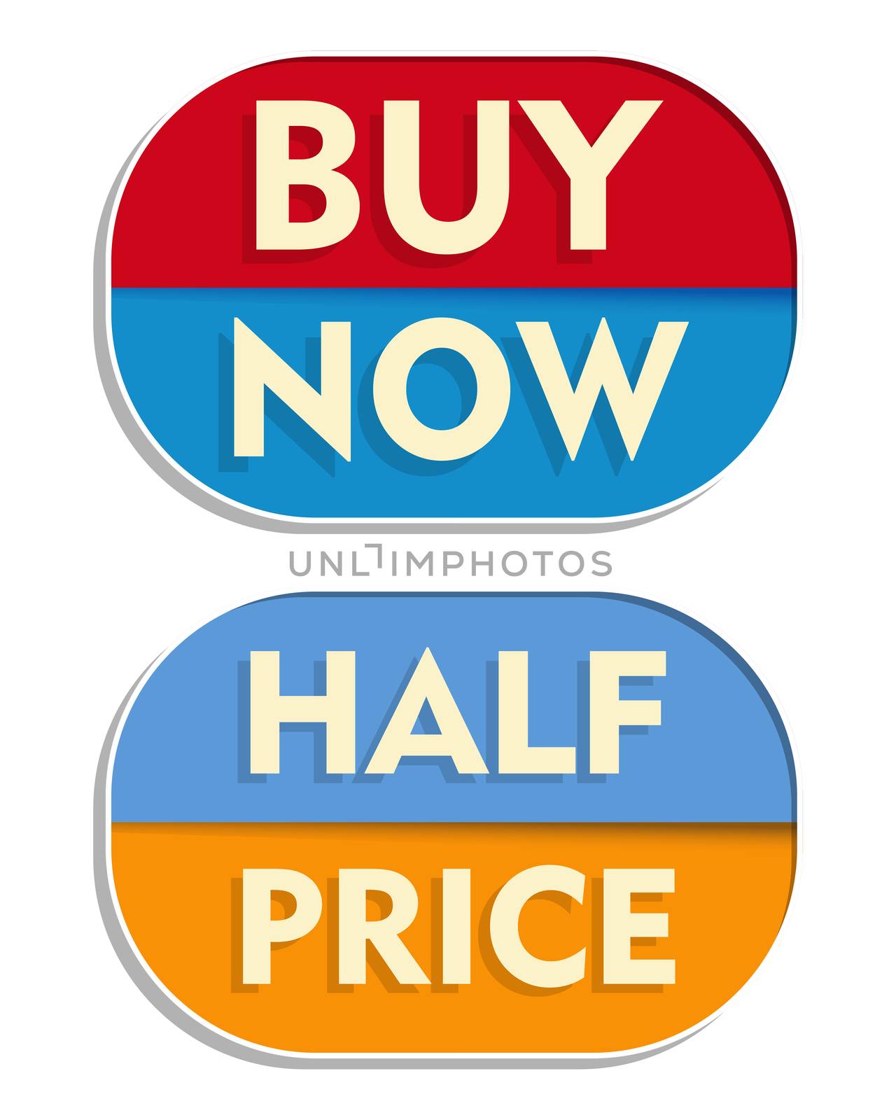 buy now and half price text banners, two elliptic flat design labels, business shopping concept