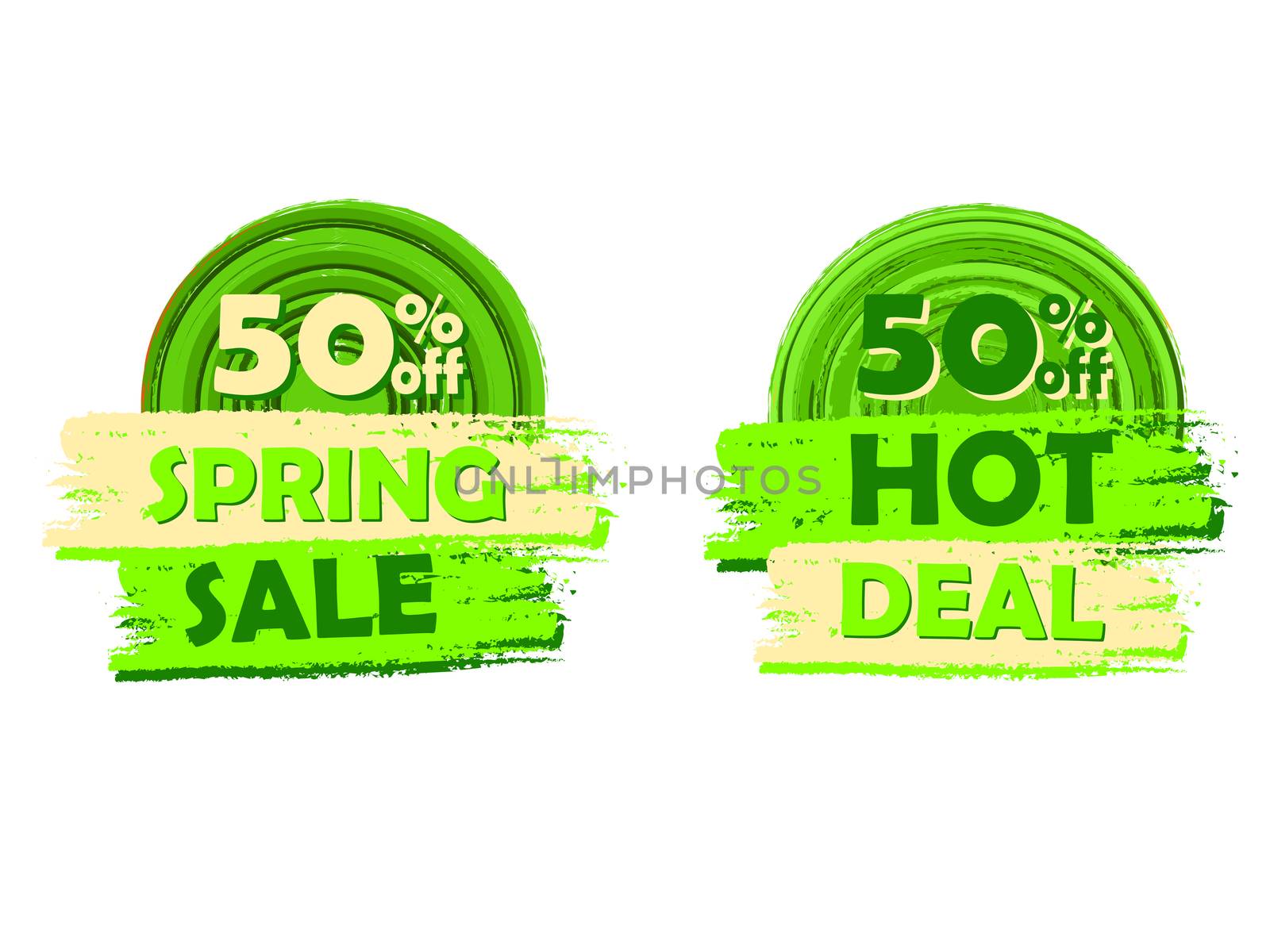 50 percentages off spring sale and hot deal banners - text in green circular drawn labels, business seasonal shopping concept