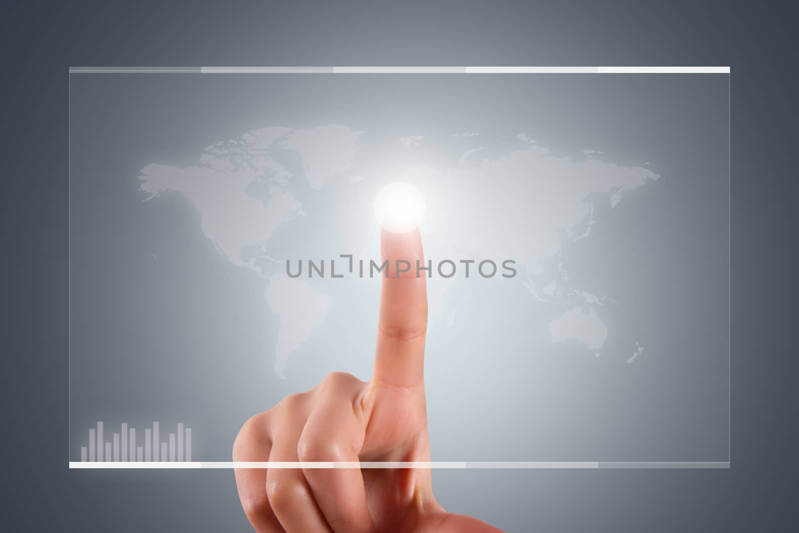 Young female hand finger touching, pressing on digital screen interface with virtual background.