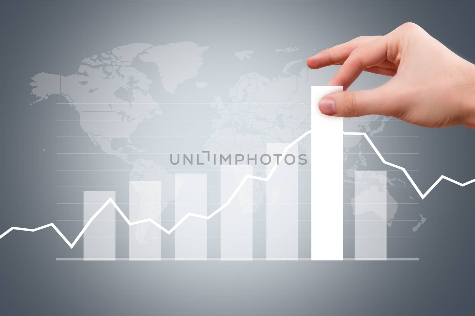 Business and finance concept, young male hand pulling bar of graph chart on digital screen with earth map background.