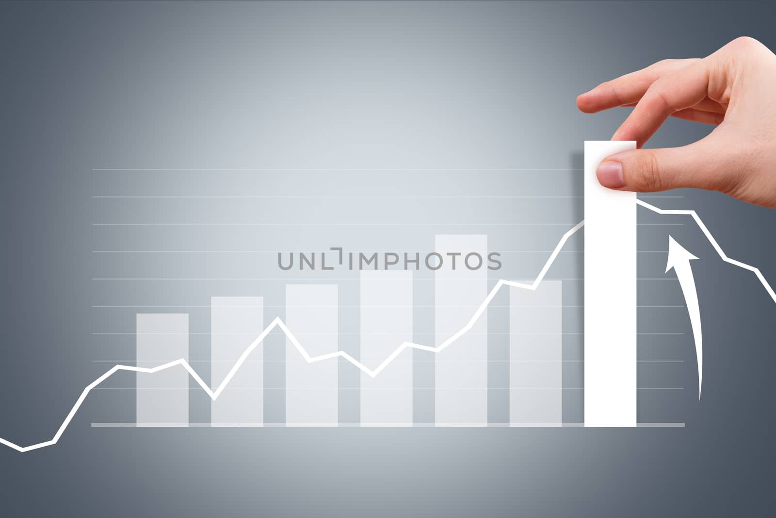 Business and finance concept, young male hand pulling bar of graph chart on digital screen.