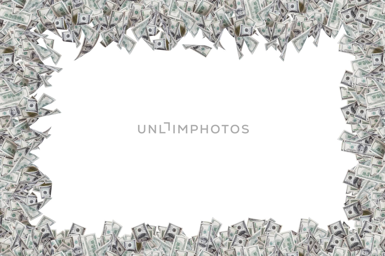 Border of one hundred dollar banknotes with copy space, isolated on white background.