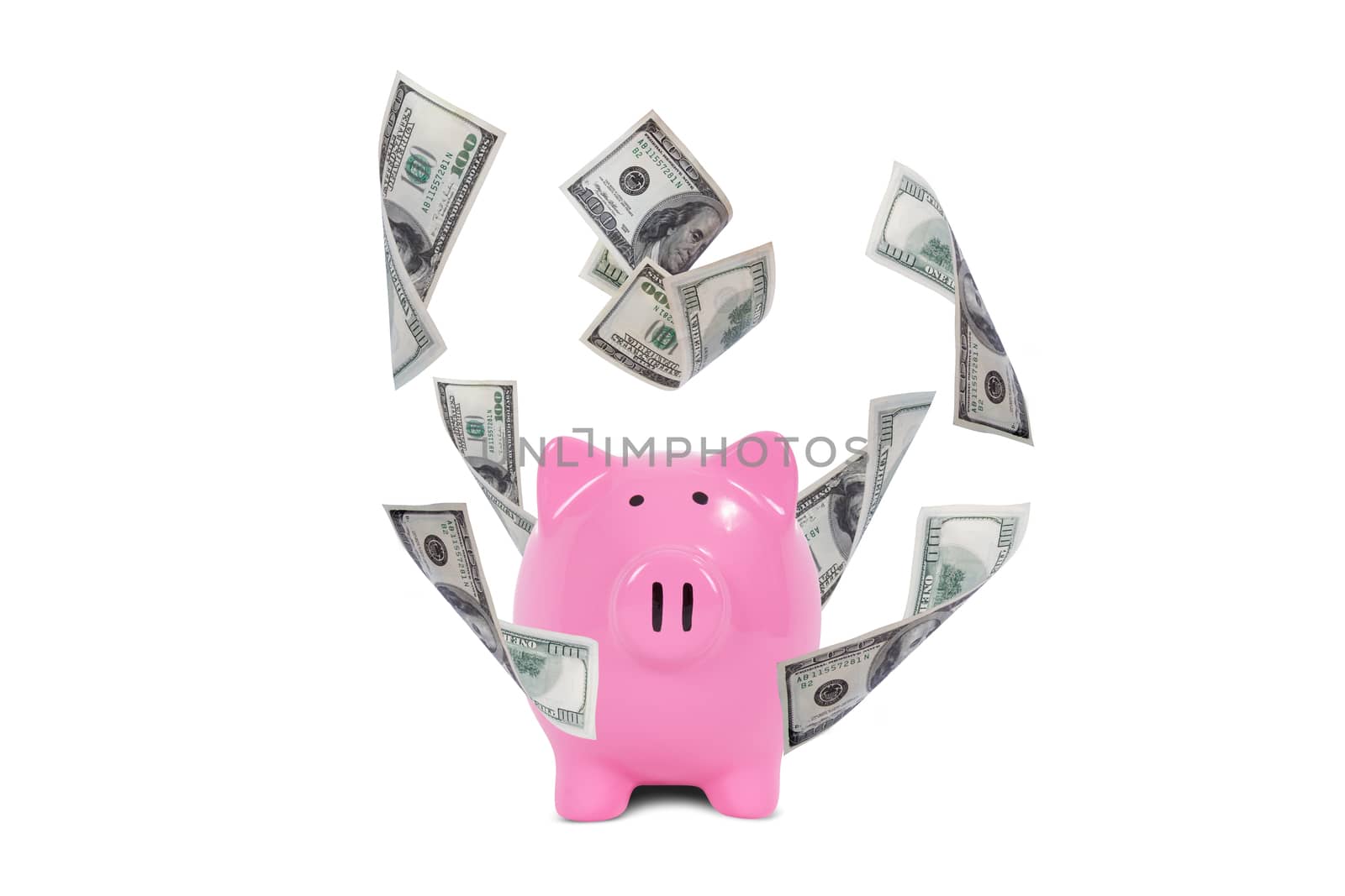 Saving finance concept, one hundred dollar money banknotes flying around pink piggy bank, isolated on white background.
