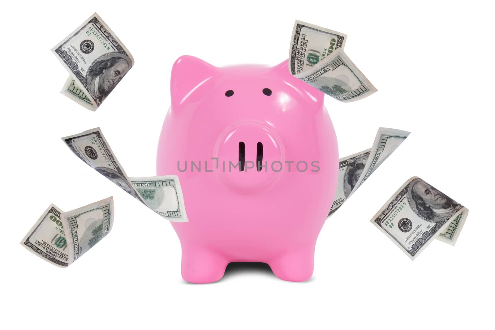 Saving finance concept, one hundred dollar money banknotes flying around pink piggy bank, isolated on white background.