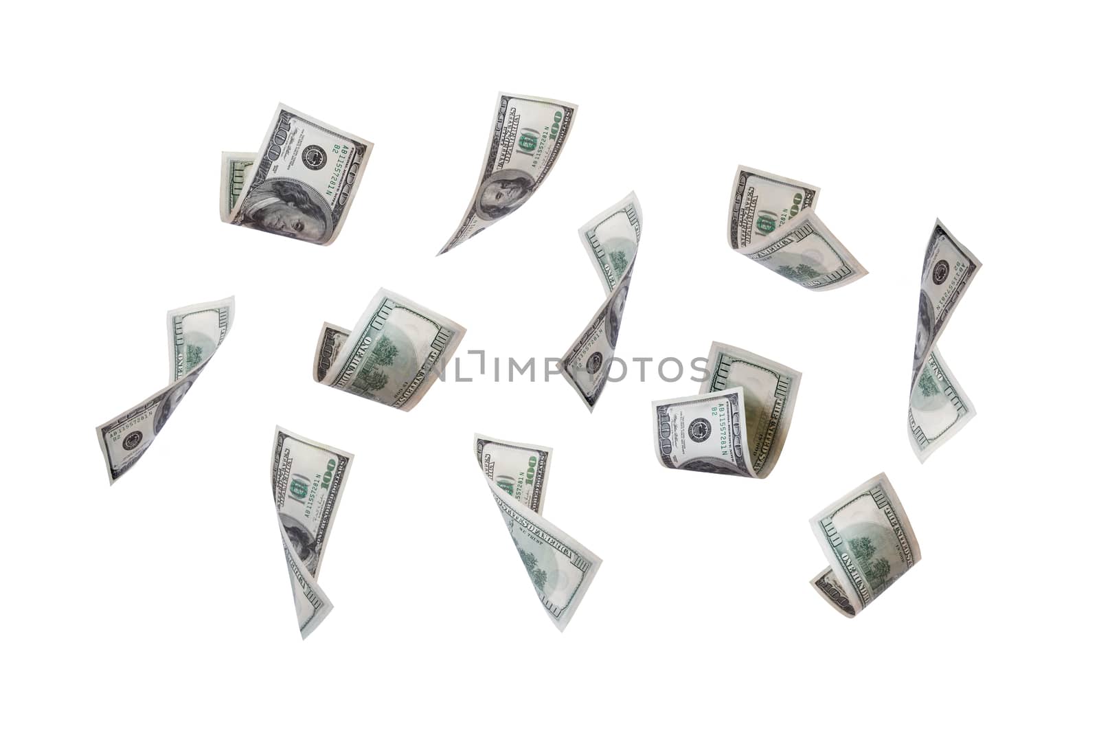 Group of one hundred dollar banknotes flying, isolated on white background.