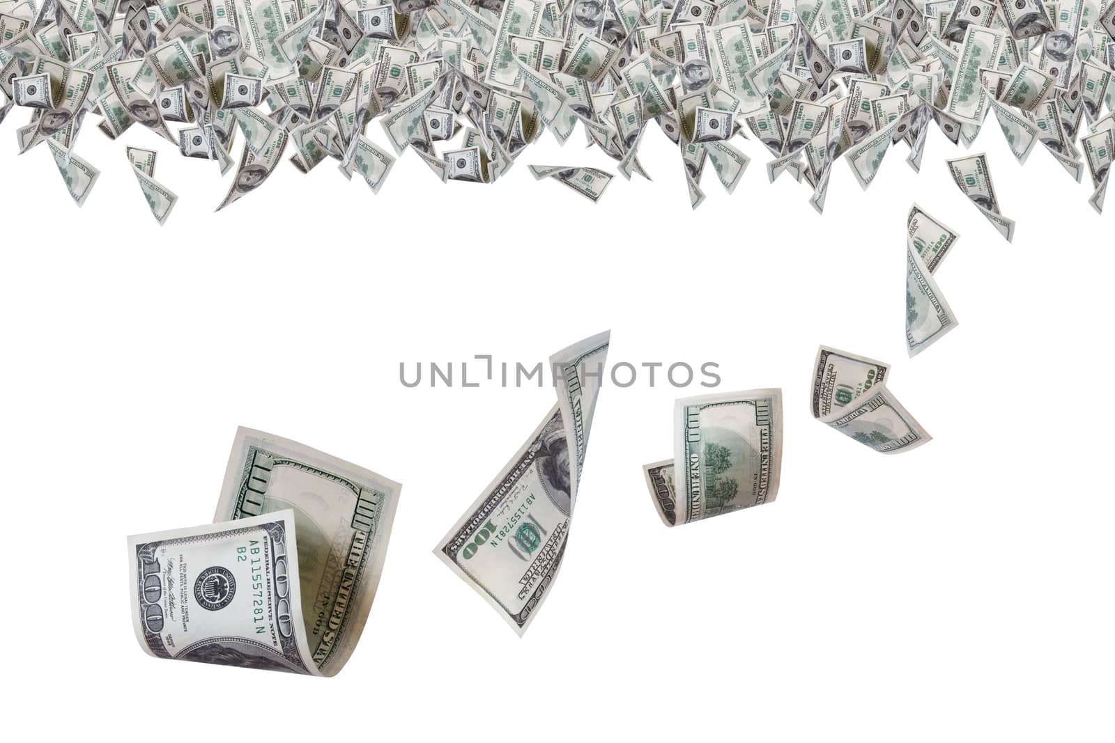 One hundred dollar banknotes flying on top border, isolated on white background.