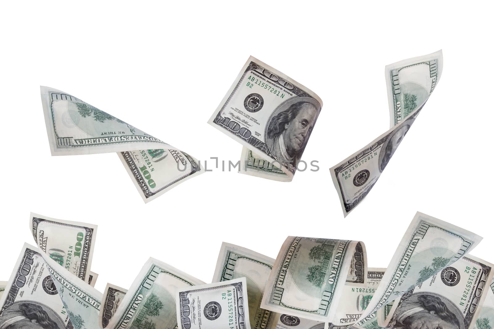 Close up view of flying one hundred dollar banknotes, isolated on white background.