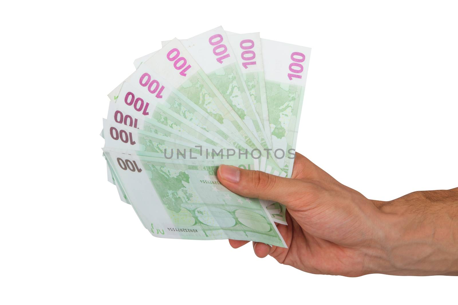 Male hand holding one hundred euro money banknotes, isolated on white background.