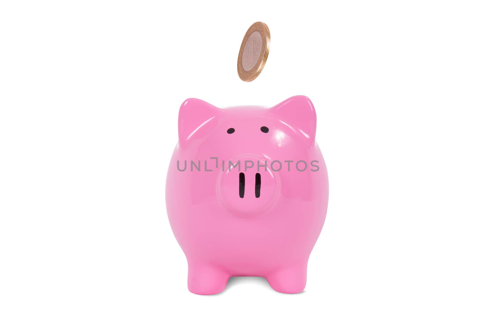 Saving finance concept, coins and pink piggy bank, isolated on white background.