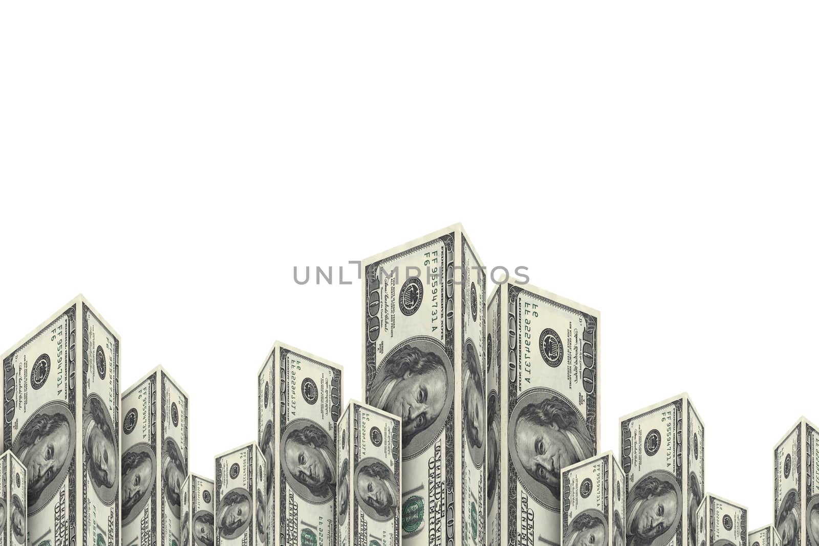 Skyscraper buildings made from one hundred dollar money banknotes, isolated on white background.