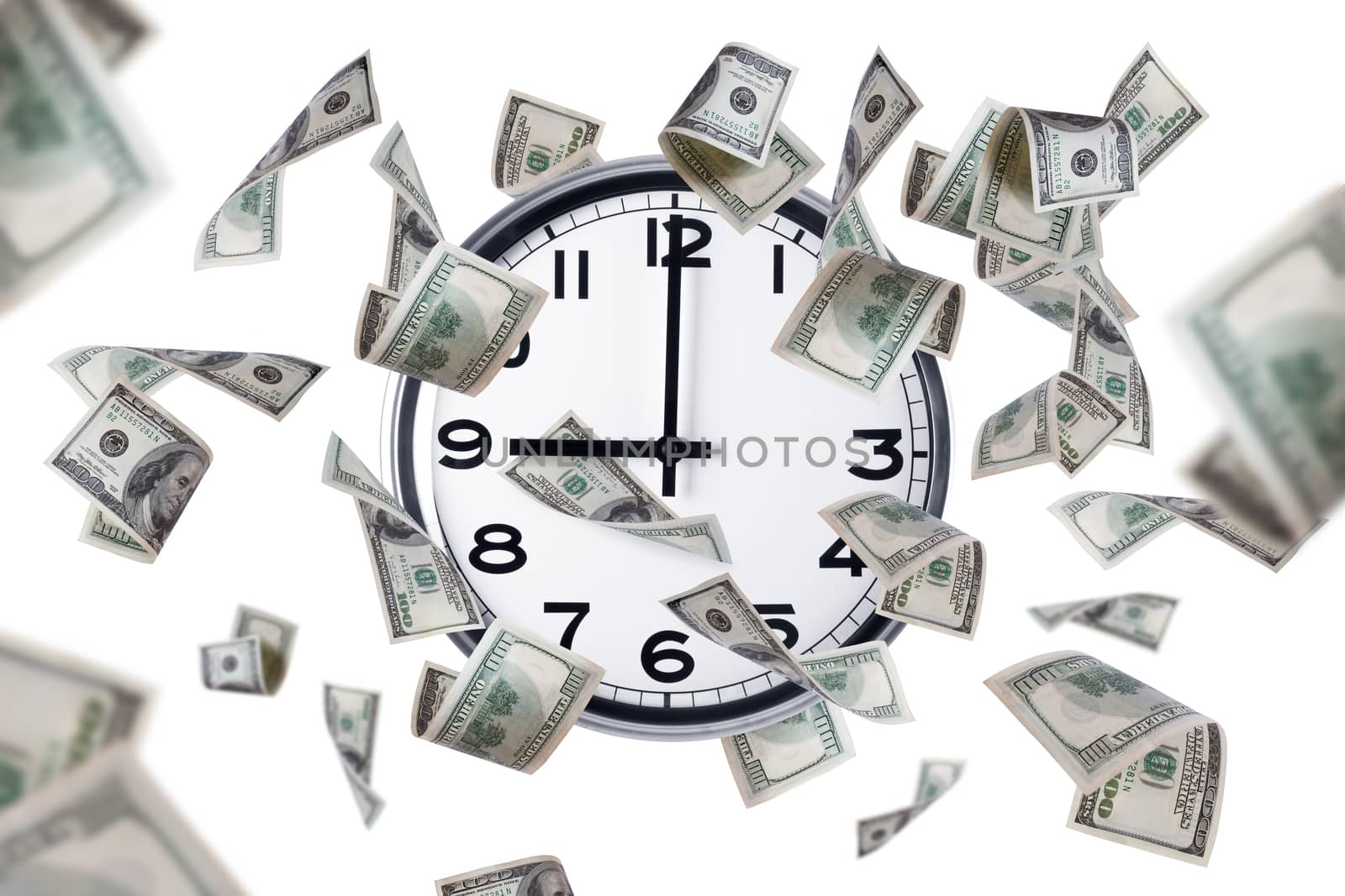 Time concept, wall clock and flying one hundred dollar banknotes, isolated on white background.