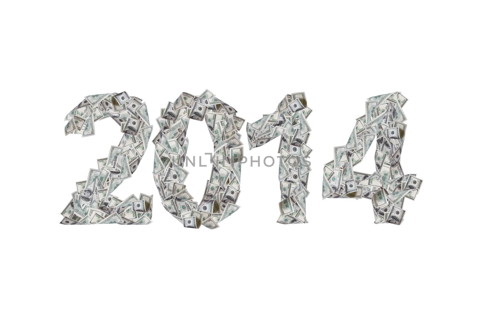 Future concept, year 2014 numbers with flying one hundred dollar banknotes, isolated on white background.