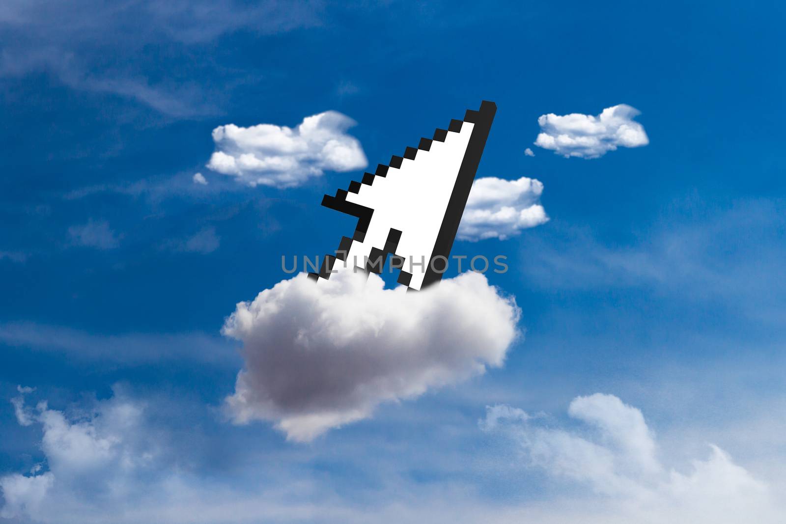 Arrow mouse cursor in cloud on sky.