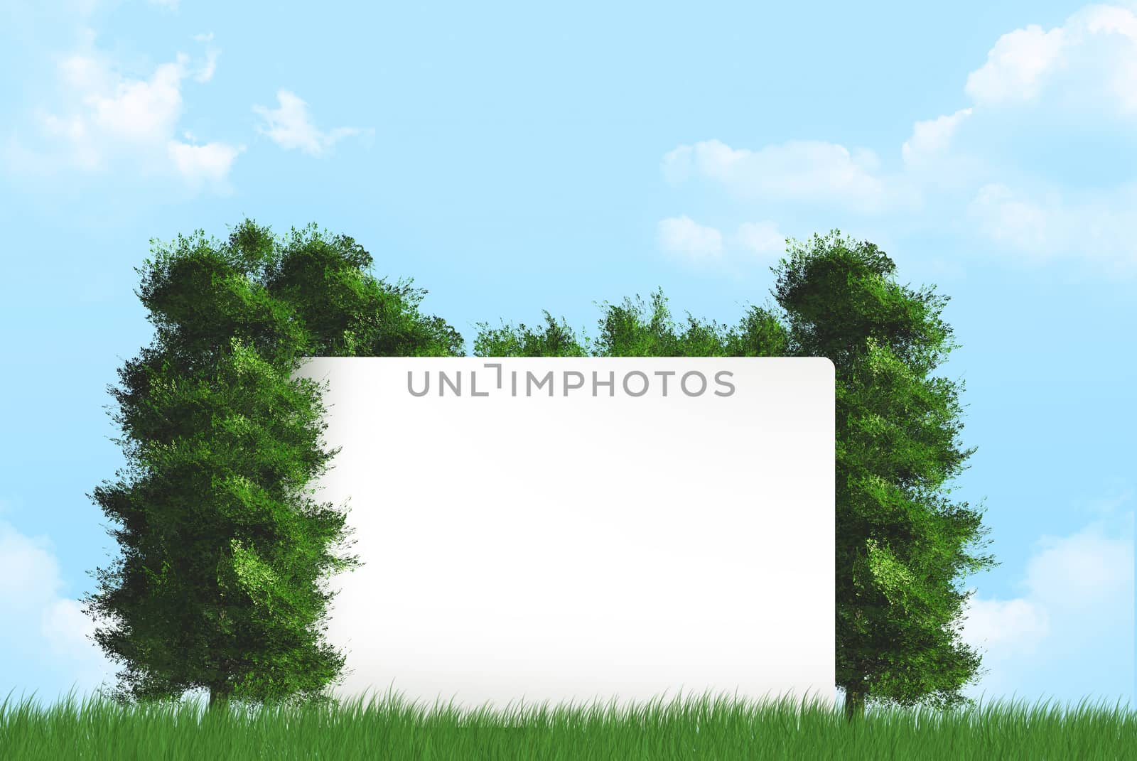 Blank empty white card with green trees and grasses on cloudy background.