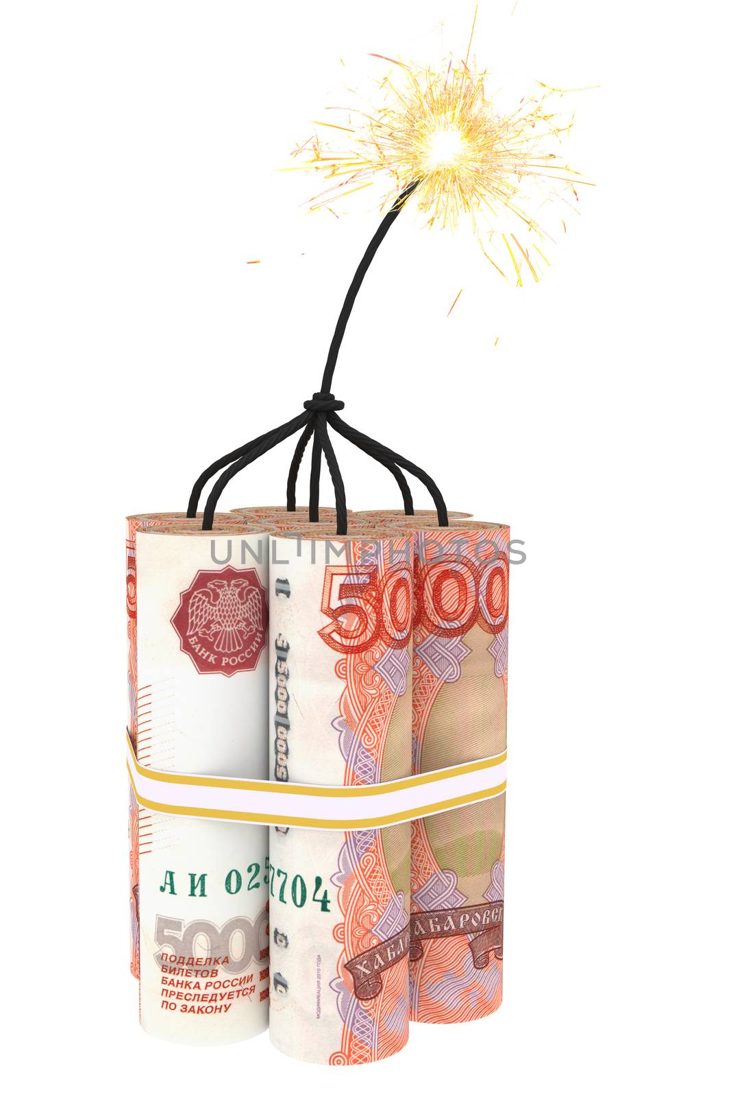 Dynamite composed of ruble bills with a burning wick by oneo