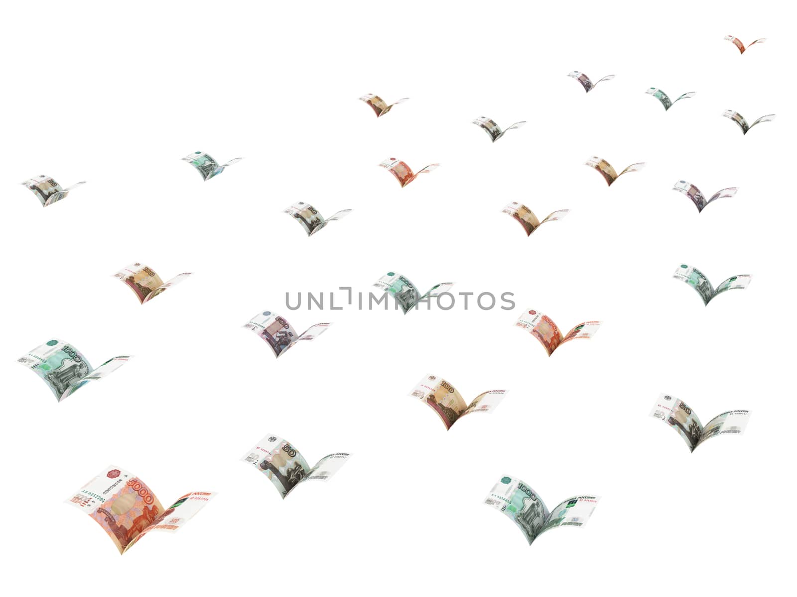 Winged ruble banknotes are flying away isolated on white. High resolution 3D image 